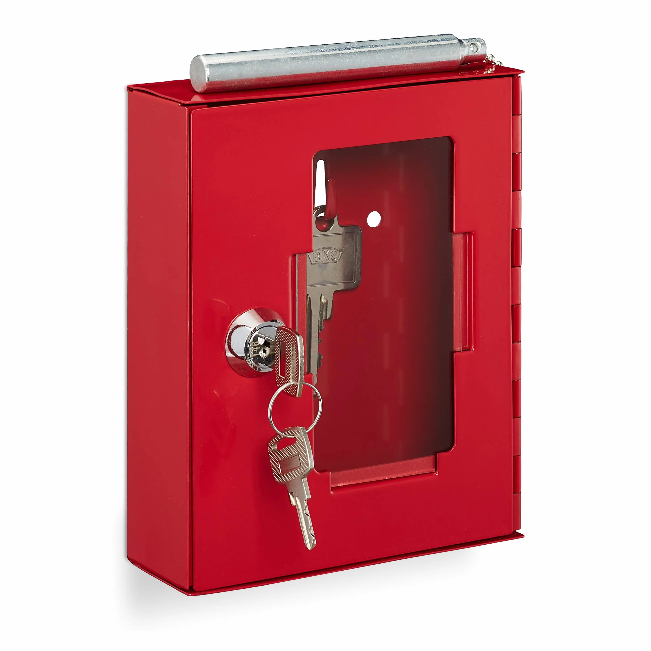 Relaxdays Caja Llave de Emergencia con Martillo Rompecristales, Ventana de Cristal, Cajita Metal, Pequeña, Entrada, Rojo