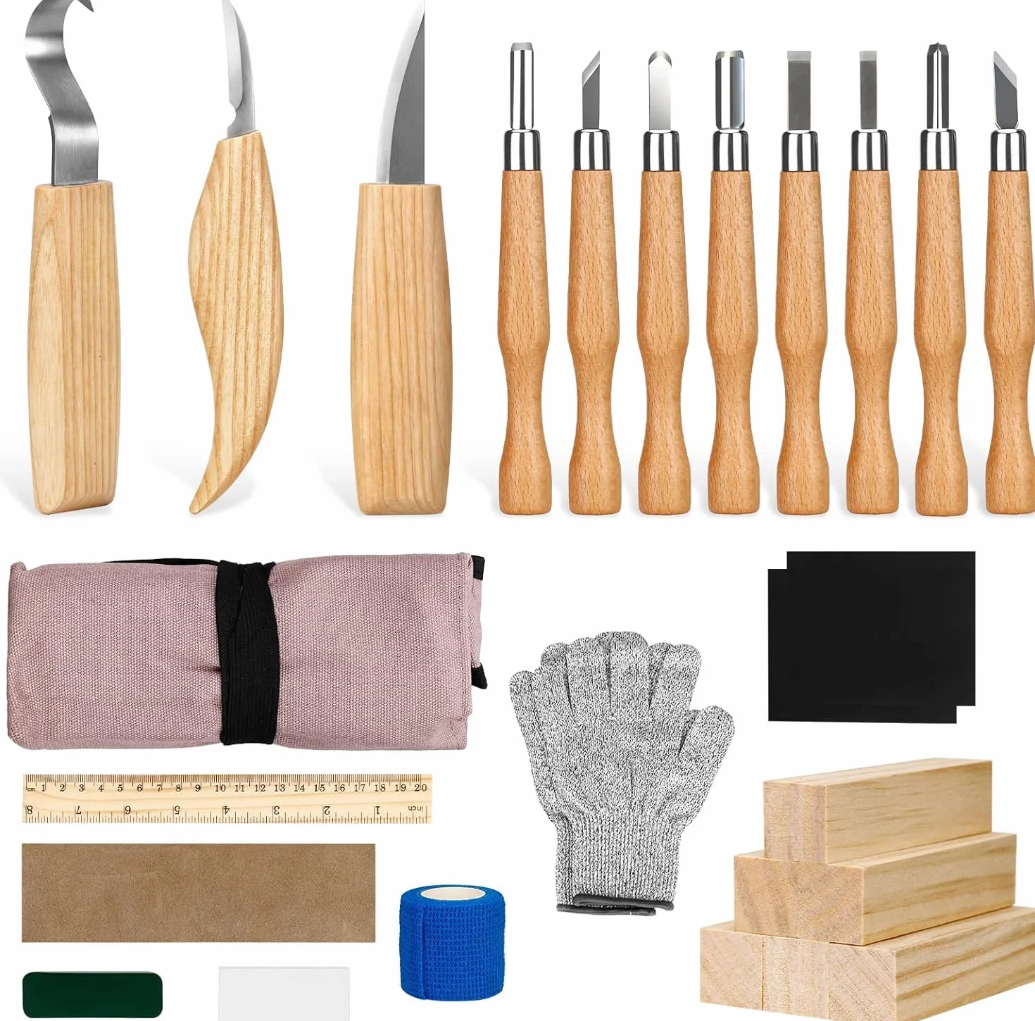 Juego de herramientas para tallar madera,25Piezas Herramientas de tallado,Herramientas De Talla De Madera con guantes resistentes a cortes,Para Principiantes, Grabadores y Artistas