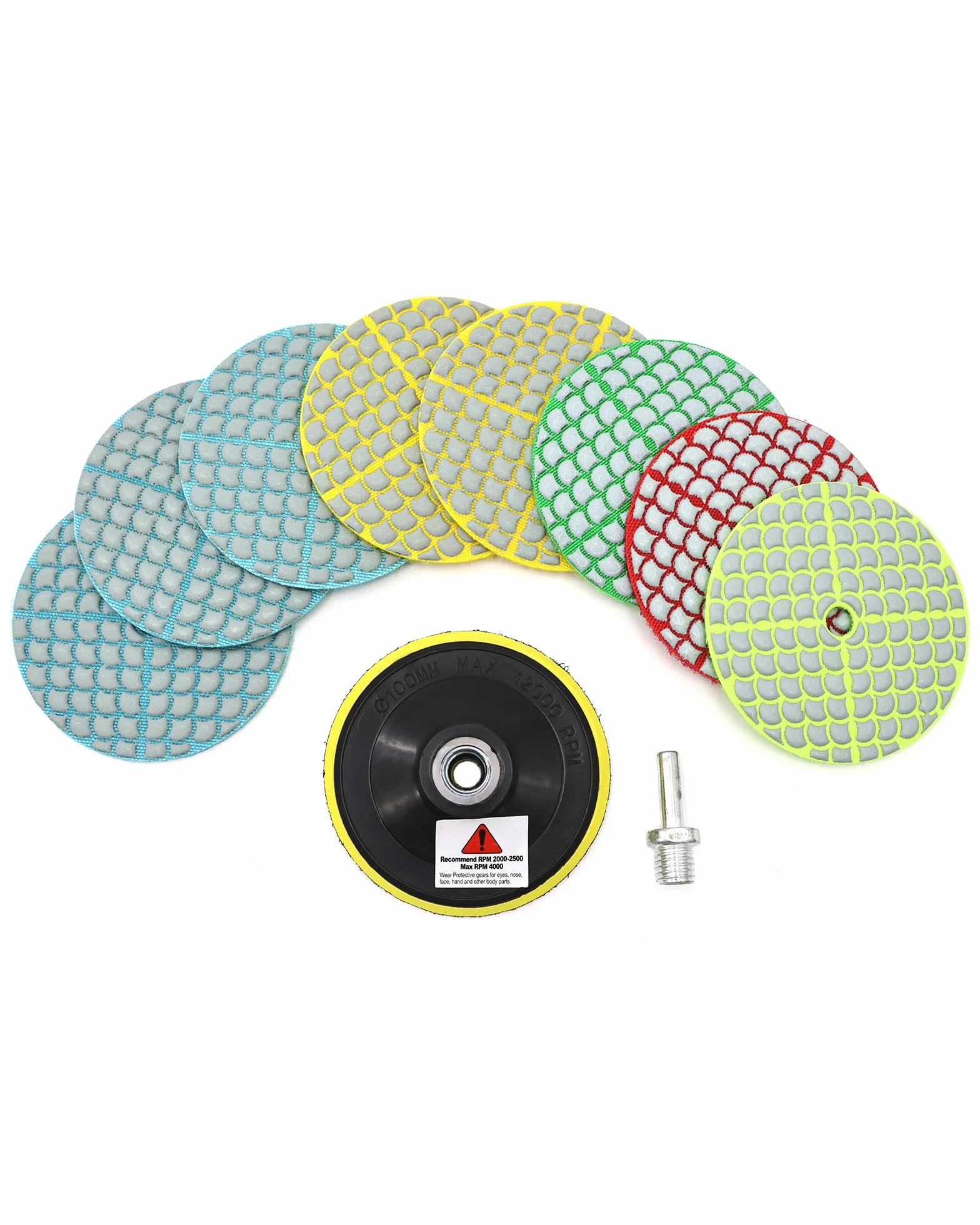 SHDIATOOL Disco de Pulido Diamante 10 Piezas - 100mm Discos (Grano 50x3/100x2/200/400/800), 1 Pieza Plato de Soporte, 1 Pieza Aadaptador para Pulir Mármol Granito Cuarzo Piedra en Seco