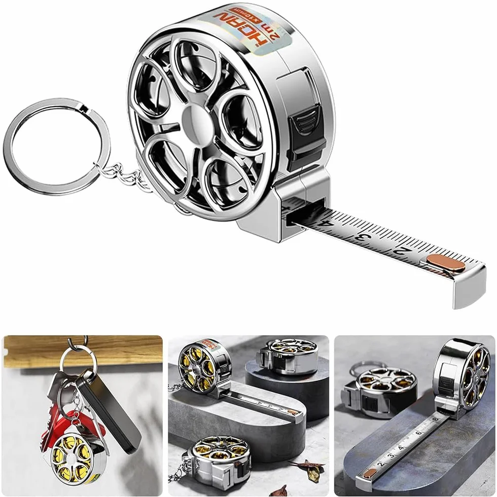Cinta métrica compacta de acero inoxidable de 2 m métrica imperial de doble cara con llavero - Mini regla duradera e impermeable para bricolaje (Plateado)