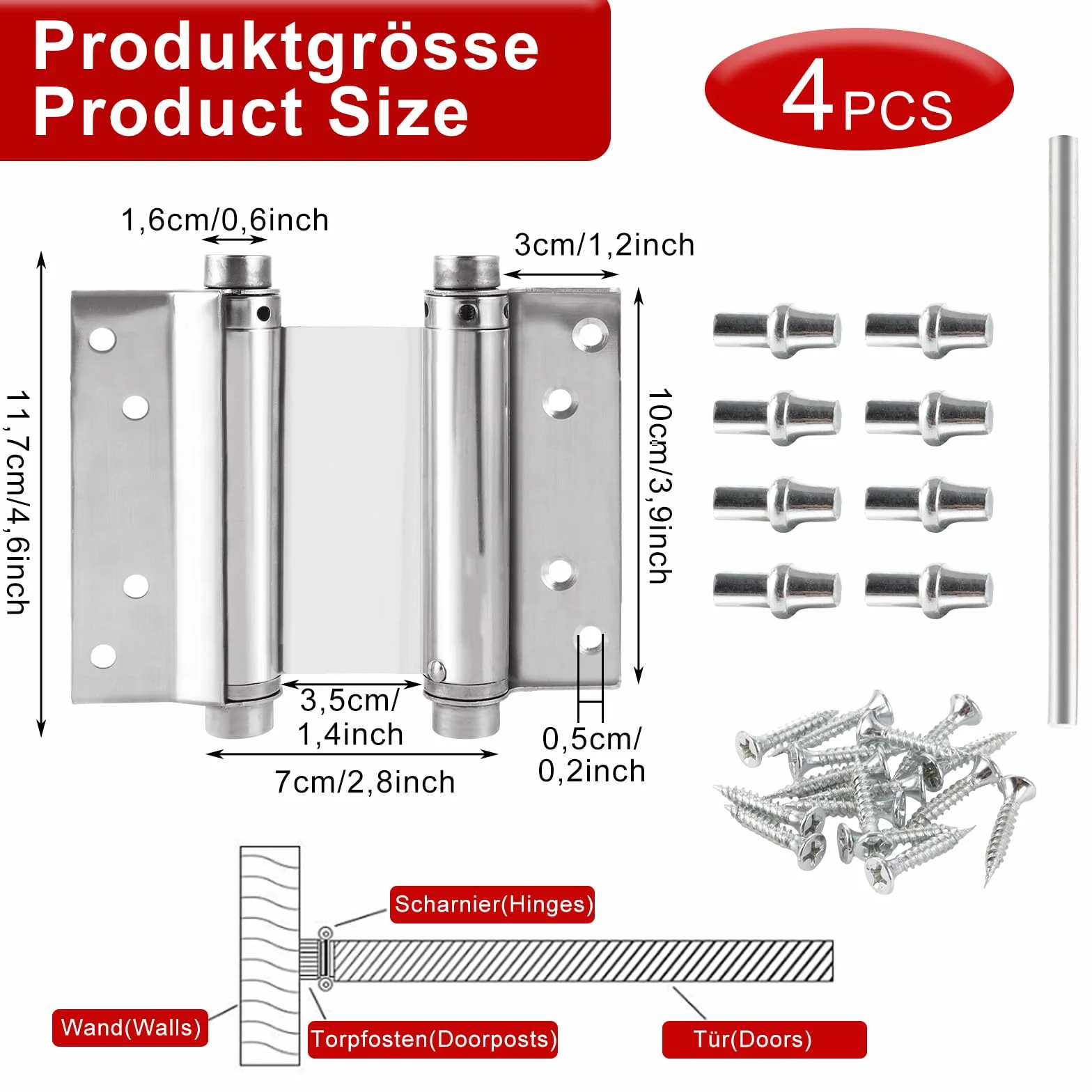 Bisagra para puerta de péndulo (4 unidades, acero inoxidable, 130 mm, cierre automático, 15 kg de capacidad de carga, bisagra de resorte para mostrador, puerta batiente y puertas de madera (4