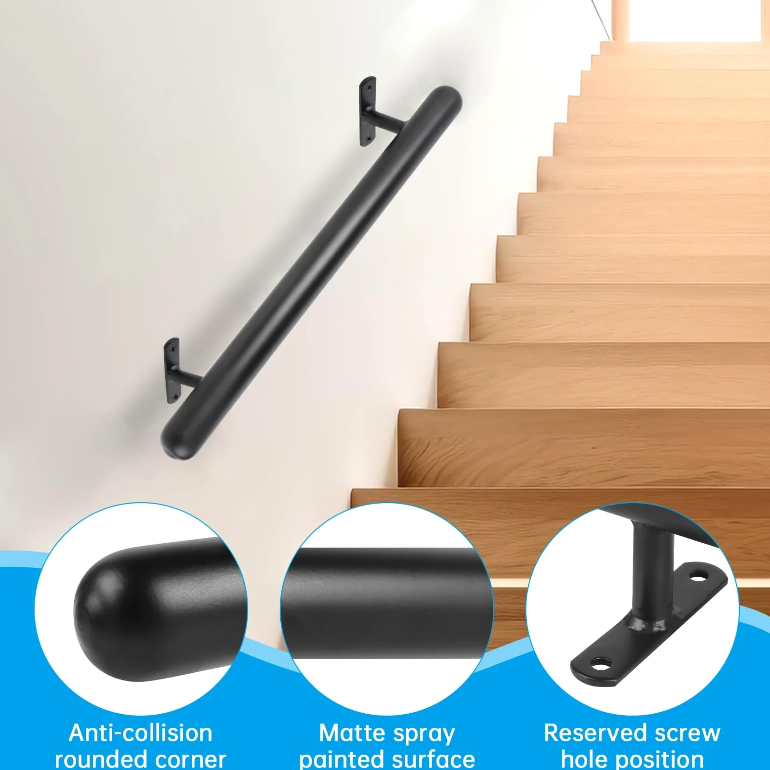 Pasamanos negro con recubrimiento en polvo 41cm Barandilla metálica para interior/exterior Ø32mm – Asidero de seguridad para garaje, sótano, terraza, escaleras, barandillas – Interior/exterior