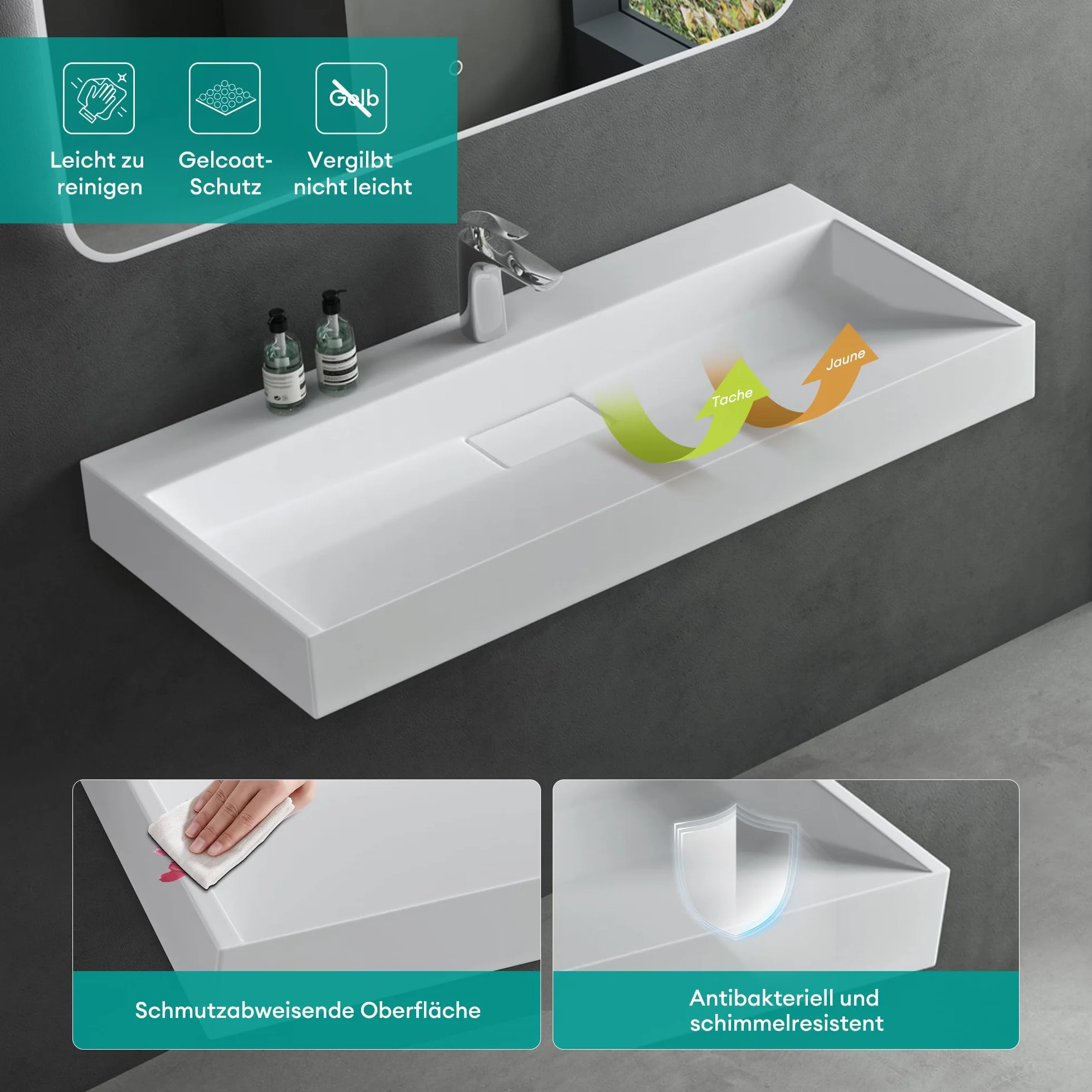 Mai & Mai Lavabo sobre Encimera Lavabo Suspendido Baño | Rectangular | Blanco Mate | Mármol Fundido | 70x46x11cm | 1 Orificio para Grifo con Válvula de Desagüe | Colossum19