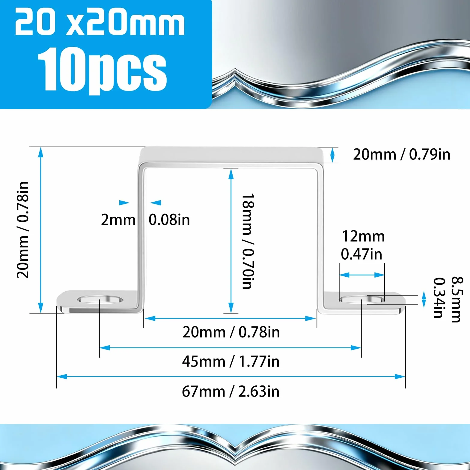 Abrazaderas de Tubo Cuadradas 20x20mm Acero Inoxidable 304 en Forma de U para Puertas Ventanas Tuberías