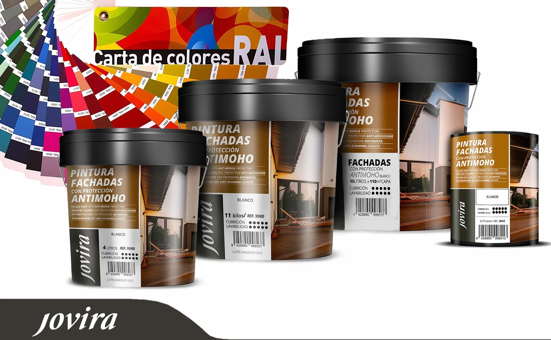 JOVIRA PINTURAS PINTURA FACHADAS ANTIMOHO. Repelente al agua, impermeable y anti fisuras. (4 Litros, Blanco) A-10