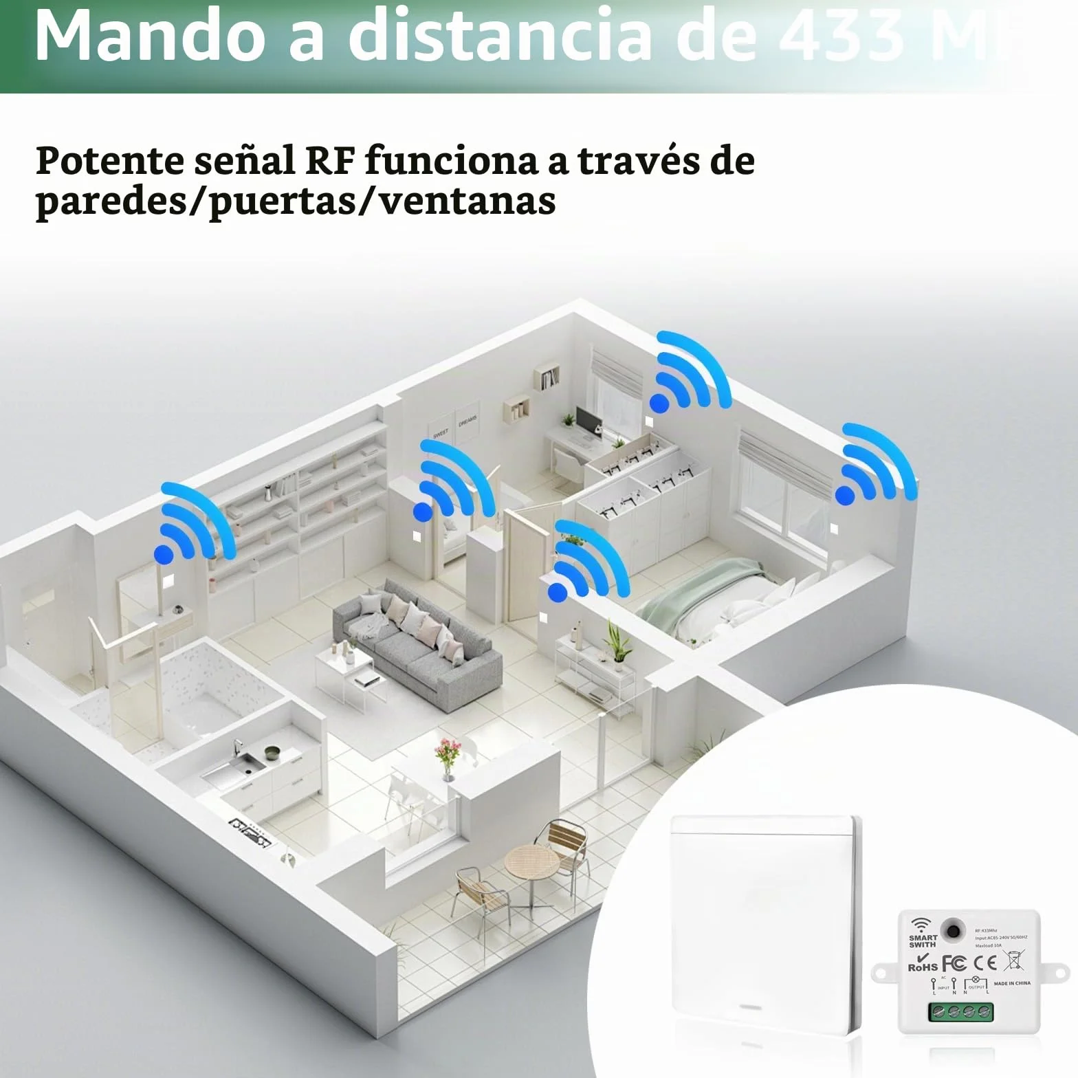 Interruptor de luz Inalámbrico, Interruptor Kit con Transmisor de RF y Controlador del Receptor 10A Fácil Instalación para Lámpara de Hasta 1500W, Control Remoto Alcance de 50M