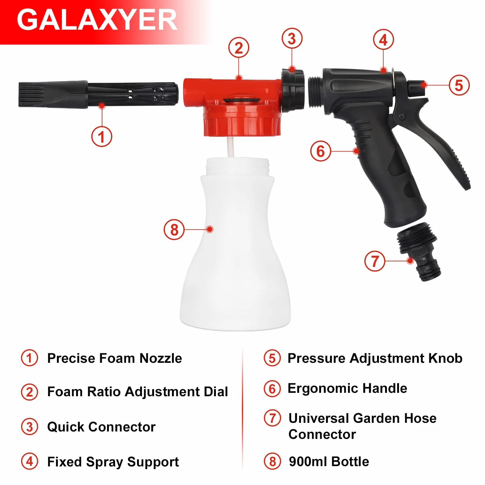 GALAXYER Pistola de Espuma de Nieve Ajustable 900 ml, Puede conectar rápidamente mangueras de jardín, Foamaster para Limpieza de automóviles y Casas, riego de Jardines