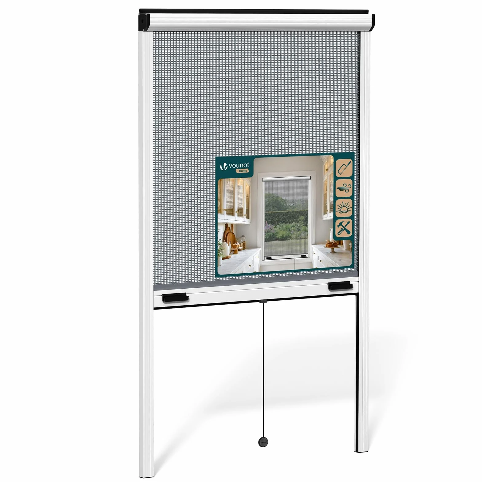 VOUNOT® Mosquitera Enrollable para Ventanas Marco Aluminio Malla de Fibra de Vidrio Red Antimosquitos Ventana Recortable en Altura y Anchura Fácil Instalación Resistente Transpirable 80x130 cm Blanco