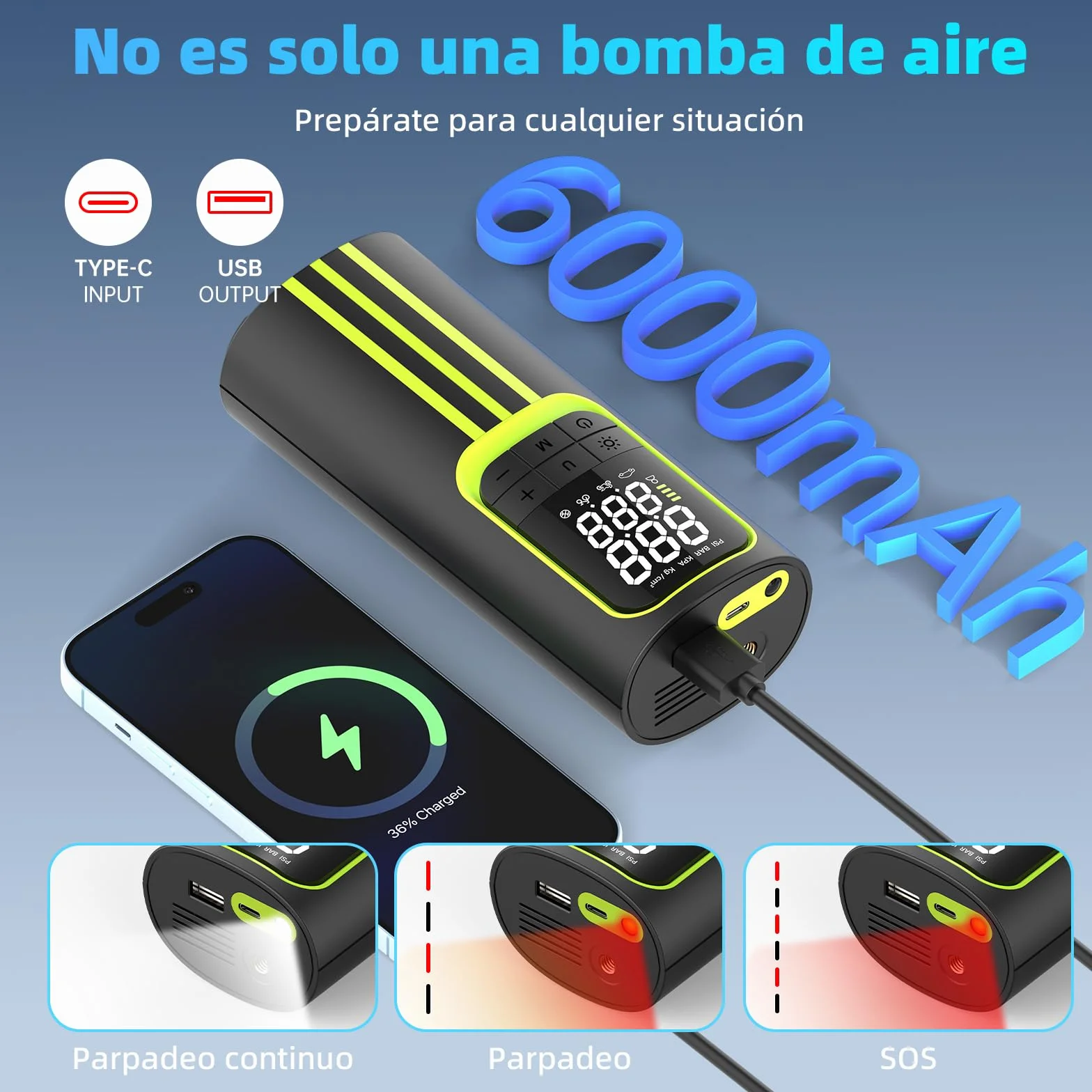 Compresor Aire Portatil, Inflador Ruedas Coche 150 PSI Inalámbrico, Batería Recargable con Pantalla Digital y Luz LED, Modos Automáticos de Inflado, para Coche, Moto, Bicicleta y Pelotas,Negro y verde