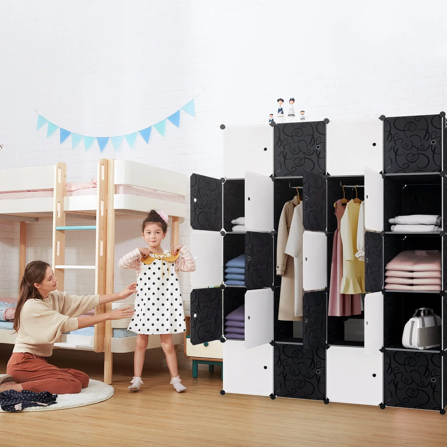 Armario sistema de estanterías con puertas de plástico PP para guardar ropa, libros, 20 cajas con puerta, 2 barras negras