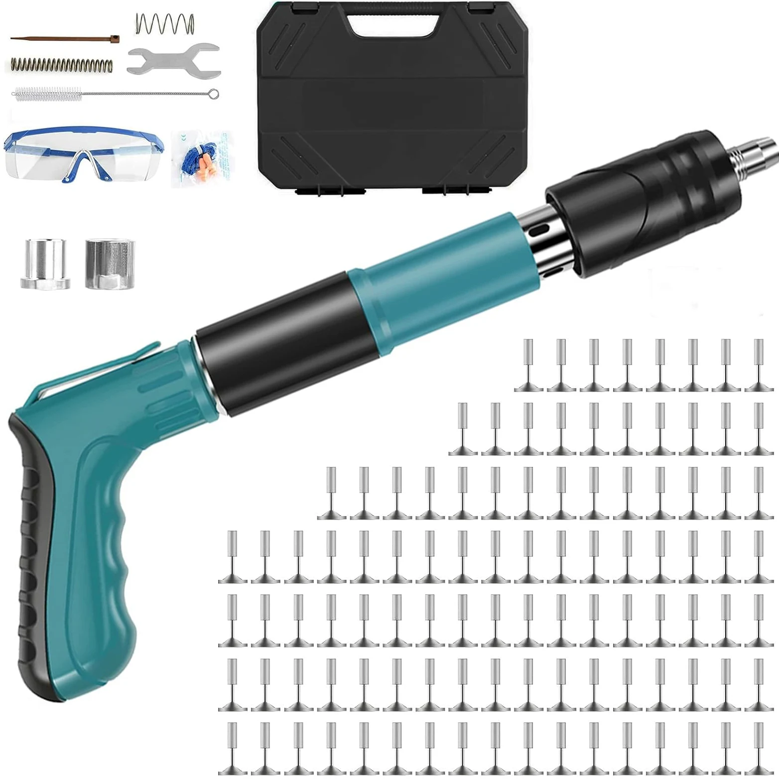 Clavadora Beton,Pistola de uñas de uñas, 5 velocidades, pistola de uñas manual,Pistola de uñas con guantes de gafas,Kit para techos de paredes de hormigón (con 100 clavos)