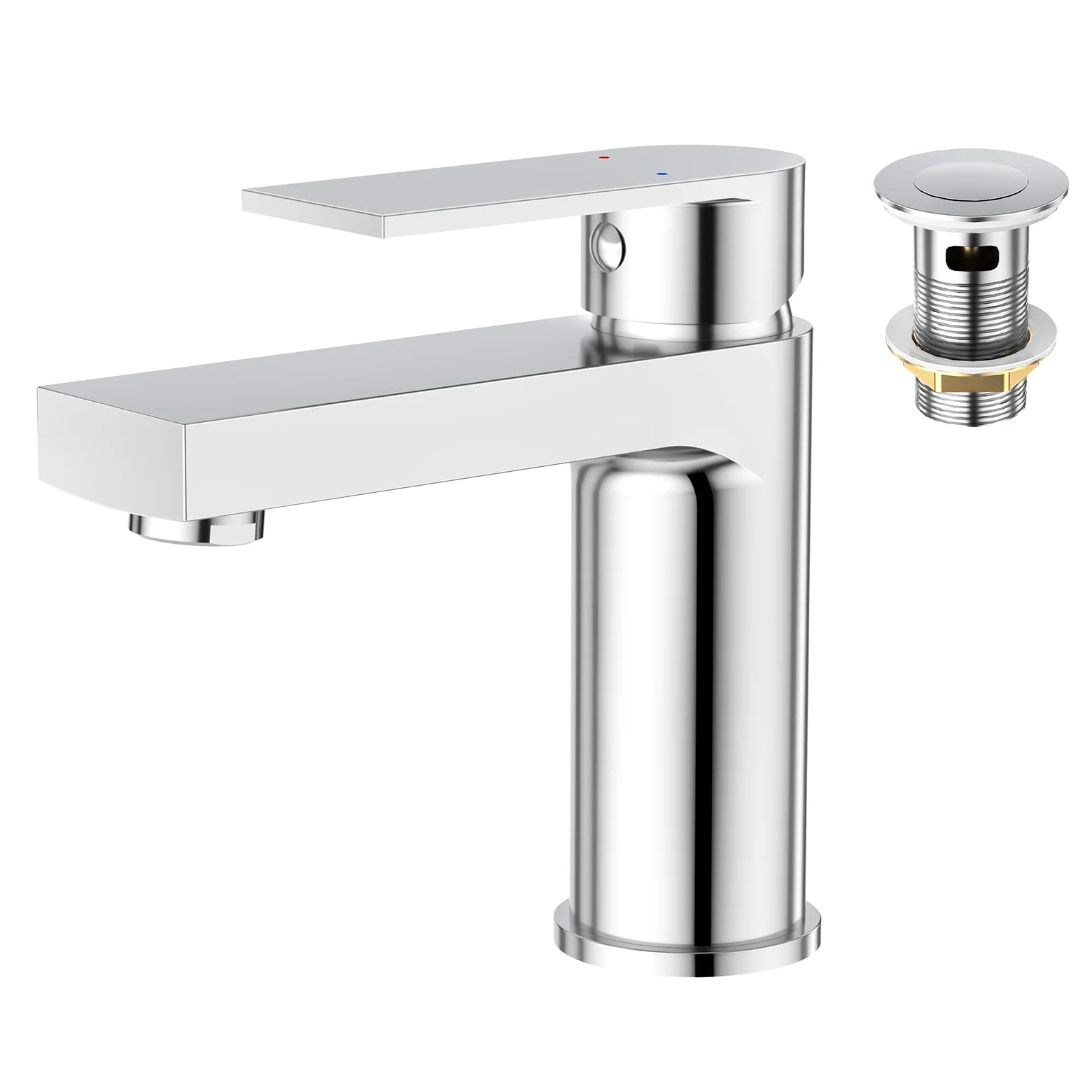 Grifo de Lavabo para Cuarto de Baño W.C. Rectangular Monomando con Desagüe Desplegable de Acero Inoxidable en Cromado Pulido