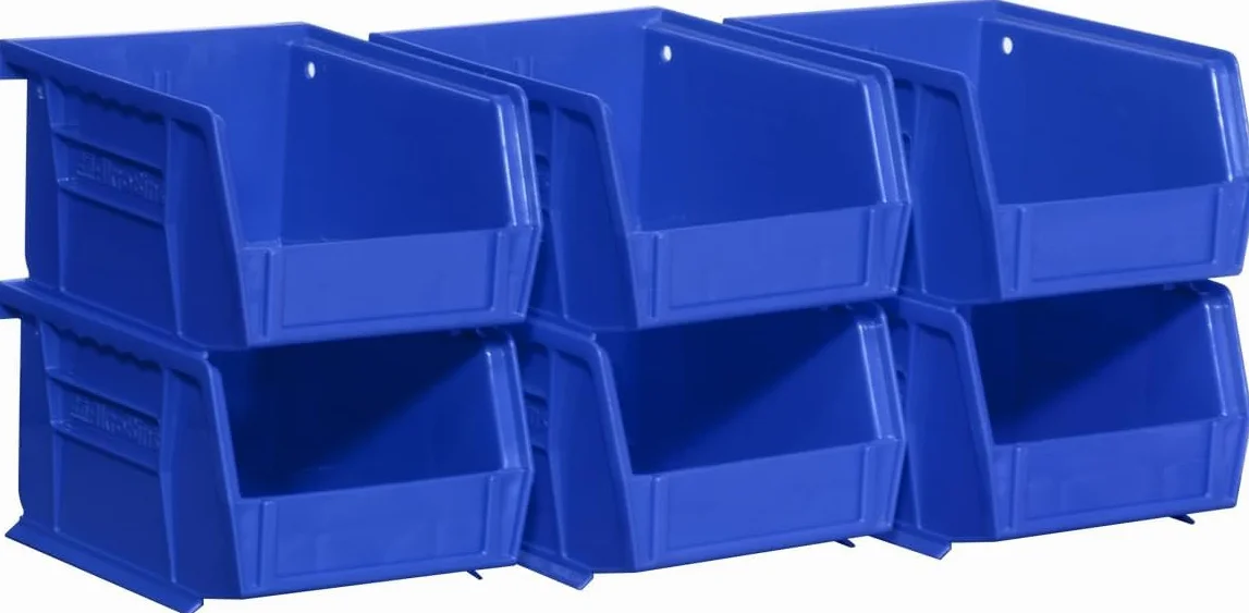 Akro-Mils AkroBins 30210 - Contenedor organizador de almacenamiento apilable de plástico para colgar, 5 x 4 x 3 pulgadas, azul, paquete de 6