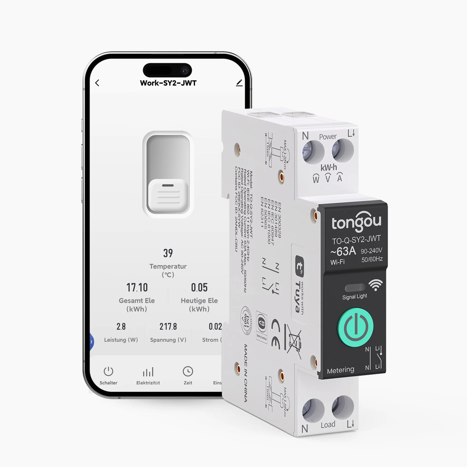 TONGOU SY2 JWT | WLAN Relé Inteligente Interruptor | Medición Potencia | Automatización Hogar | TUYA APP​ NO Hub Requerido | Control Inalámbrico Iluminación +Electrodomésticos