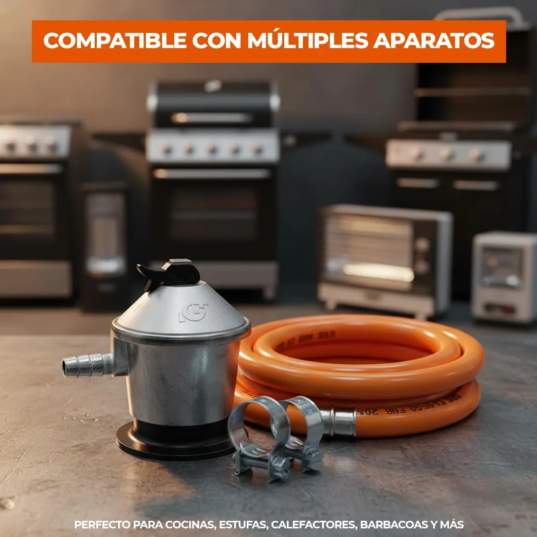 Kit Completo para Instalaciones de Gas Butano y Propano - Regulador de Gas 2,5 kg/h - Manguera Butano 1,5 mt 9-15 mm - 2 Abrazaderas