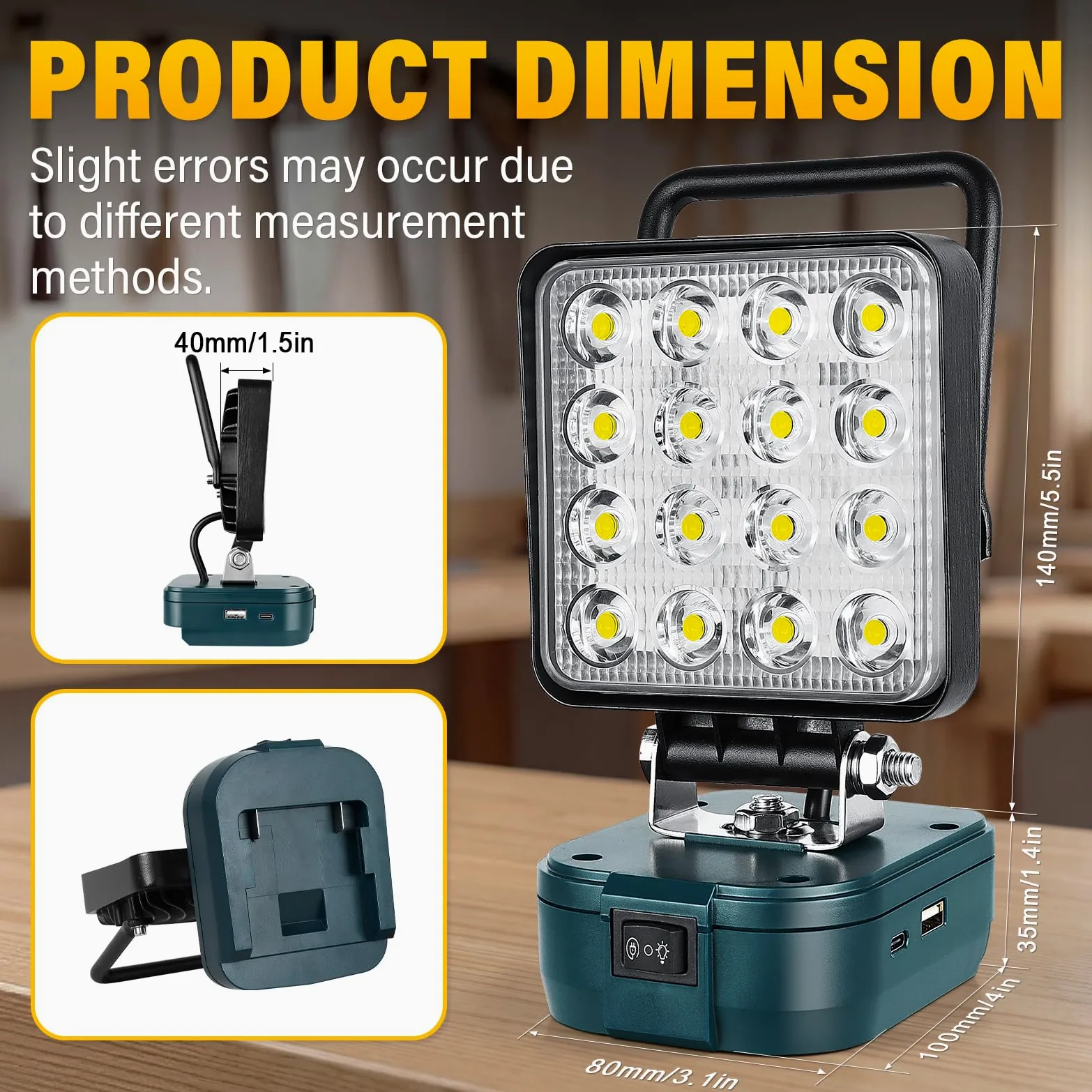 RIGIDON recargable portatil foco de trabajo led para batería bosch 18V /20V | sin batería, 4 pulgadas, 48W 4800lm, foco led Lámpara, para camping trabajo pesca construcción, emergencia, 6000K blanca