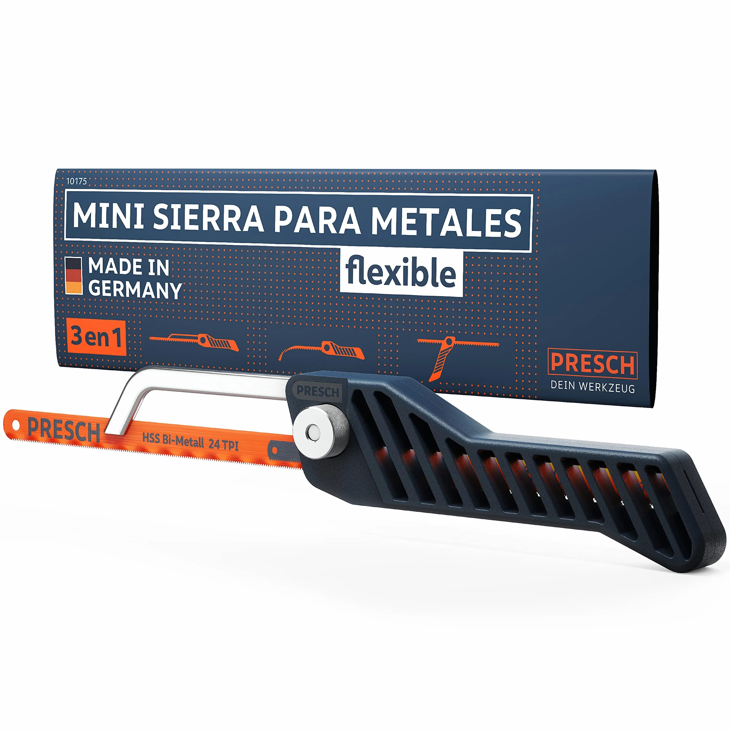 Presch Mini Sierra de Metal Flexible 300mm - de mano 3 en 1 incl. hoja de sierra para metal - Sierra de hierro pequeña ajustable con hoja para metalica