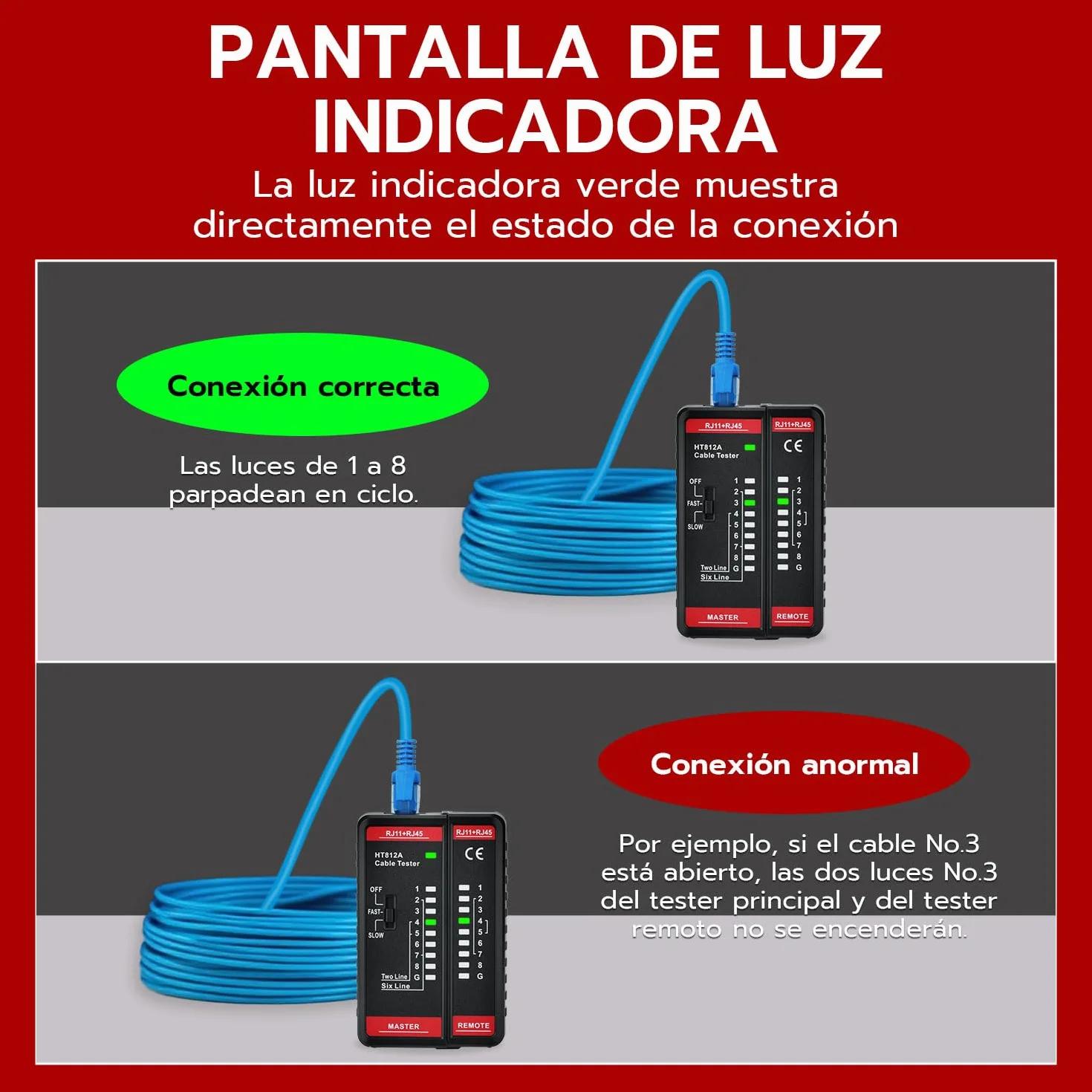 Mcbazel Comprobador de Cables de Red RJ11 RJ45, Tester LAN para CAT6A CAT6 CAT5E CAT5