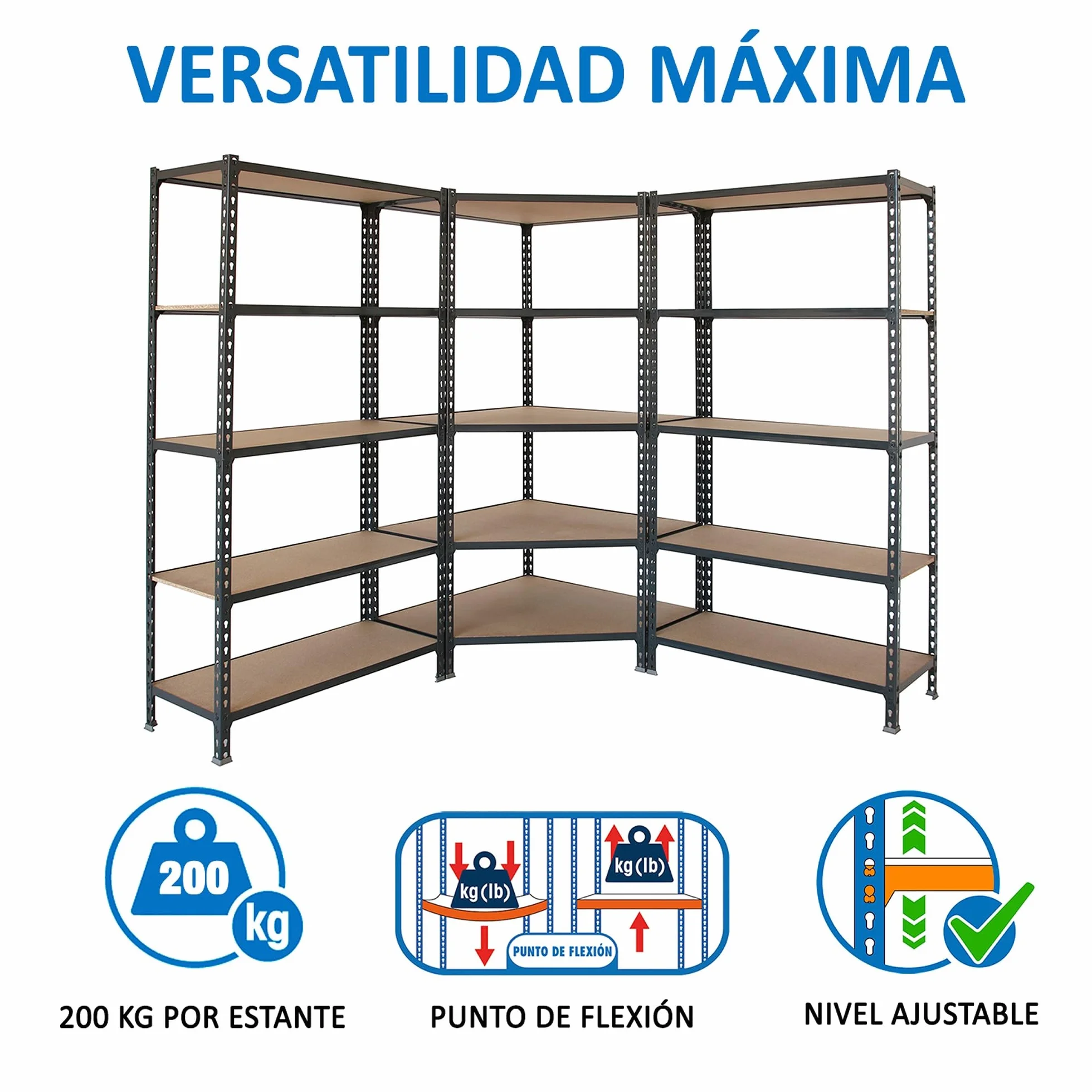 Simon Rack Estanteria Esquina Metalica, 1800x1800x500 mm, 5 Baldas Madera, 200 kg de Punto Flexión, Estanterías Almacenaje, 1 Módulo Extra, Antracita/Madera - Maderclick Corner
