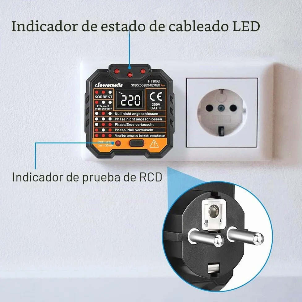 DEWENWILS Probador de Enchufes con Prueba RCD y Pantalla de Voltaje LCD, Pantalla de Luz Indicadora, Prueba FI, 48-250V/45-65Hz, CAT ll 300V