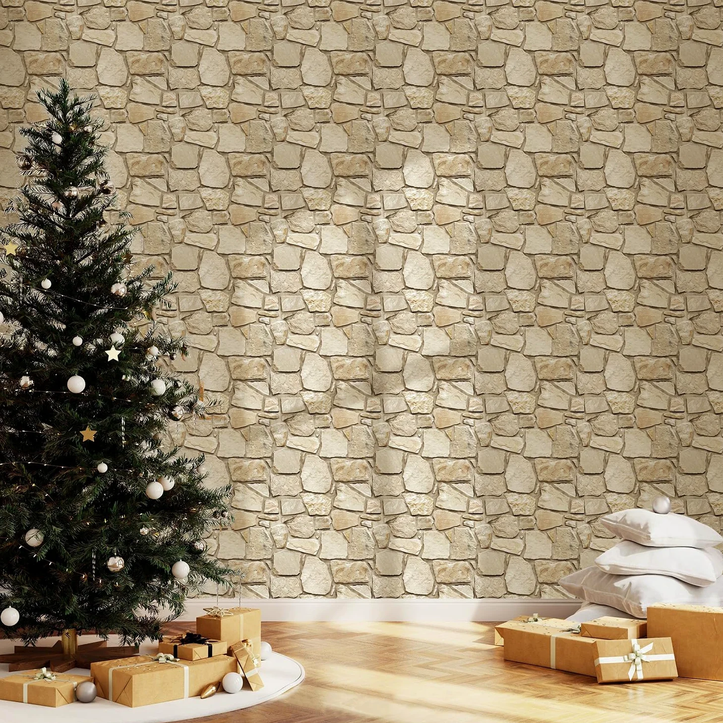 COMSTICKC Paneles de Pared 3D Autoadhesivo de Piedra, 10 Piezas 30 x 30 cm, 3D Papel Pintado, PVC Decorativo Panel de Pared de Ladrillo Adhesivos para Salón Oficina Cocina (Marrón Claro)