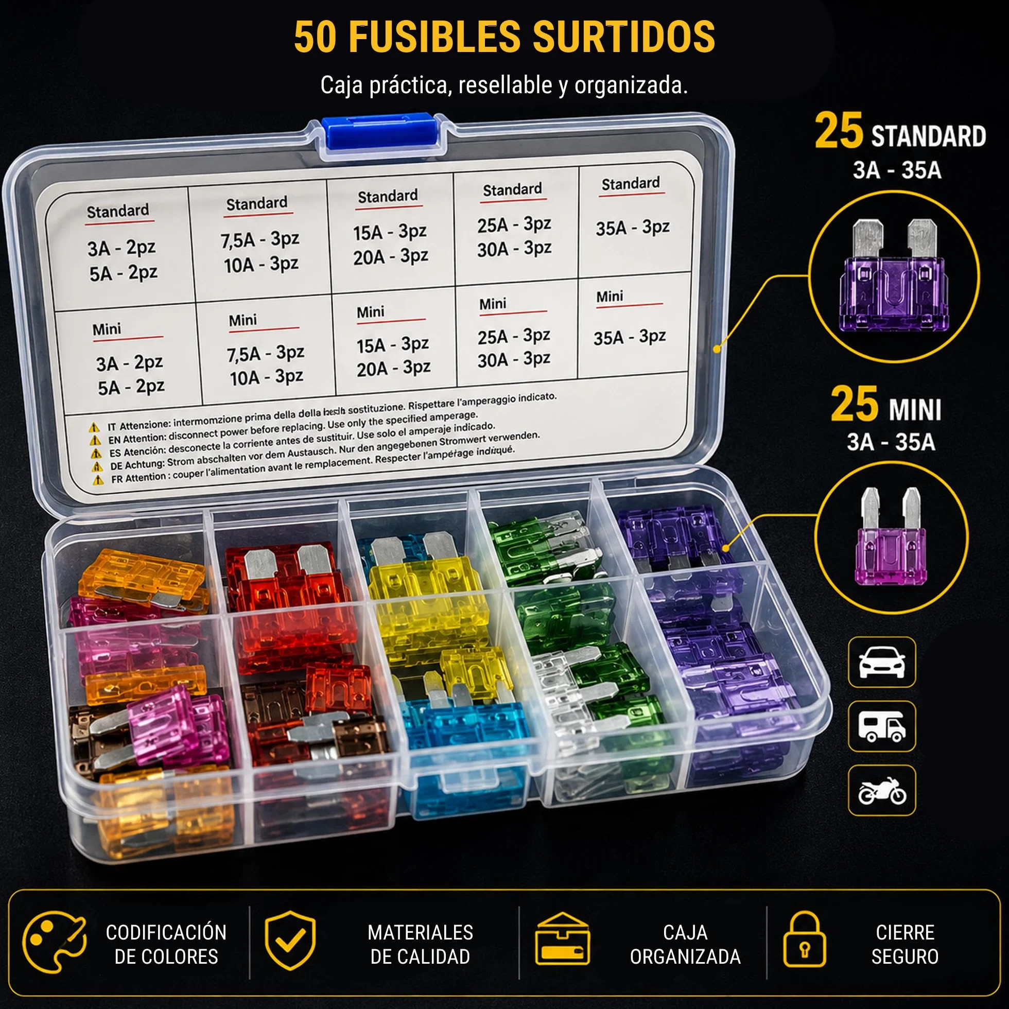 Fusibles de Cuchilla Tipo Europeo Kit 50 Piezas Surtido Mini y Estándar 3A-35A 12V 24V