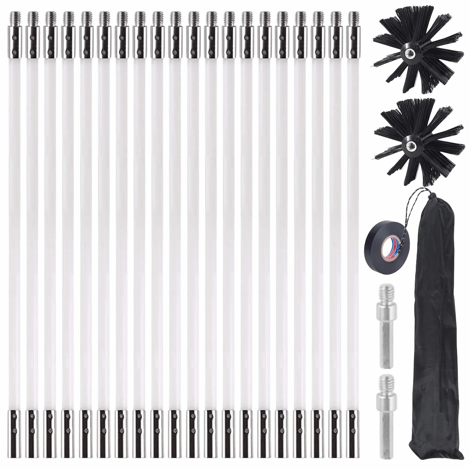 Juego de 26 piezas de varillas de cepillo para chimenea, con 20 varillas flexibles de 400 mm + 2 cabezales de cepillo de 150 mm + 1 bolsa de almacenamiento + accesorios, kit de cepillos de limpieza