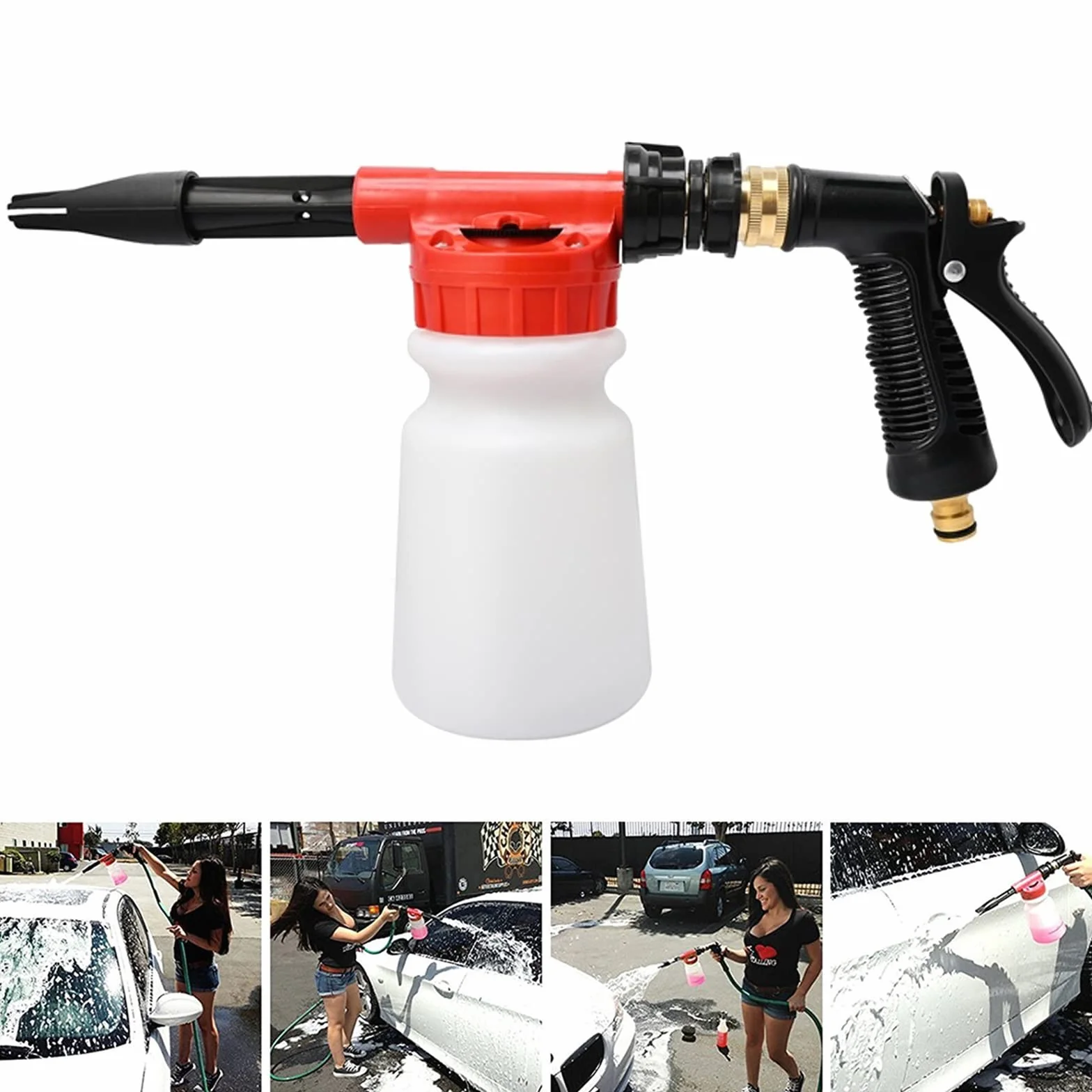 Pistola De Espuma Para Coche, 900 ML 2 en 1 Ajustable Pistola De Espuma Limpiadora, Limpieza Para Coche, Manguera De Jardín Conexión (Rojo)