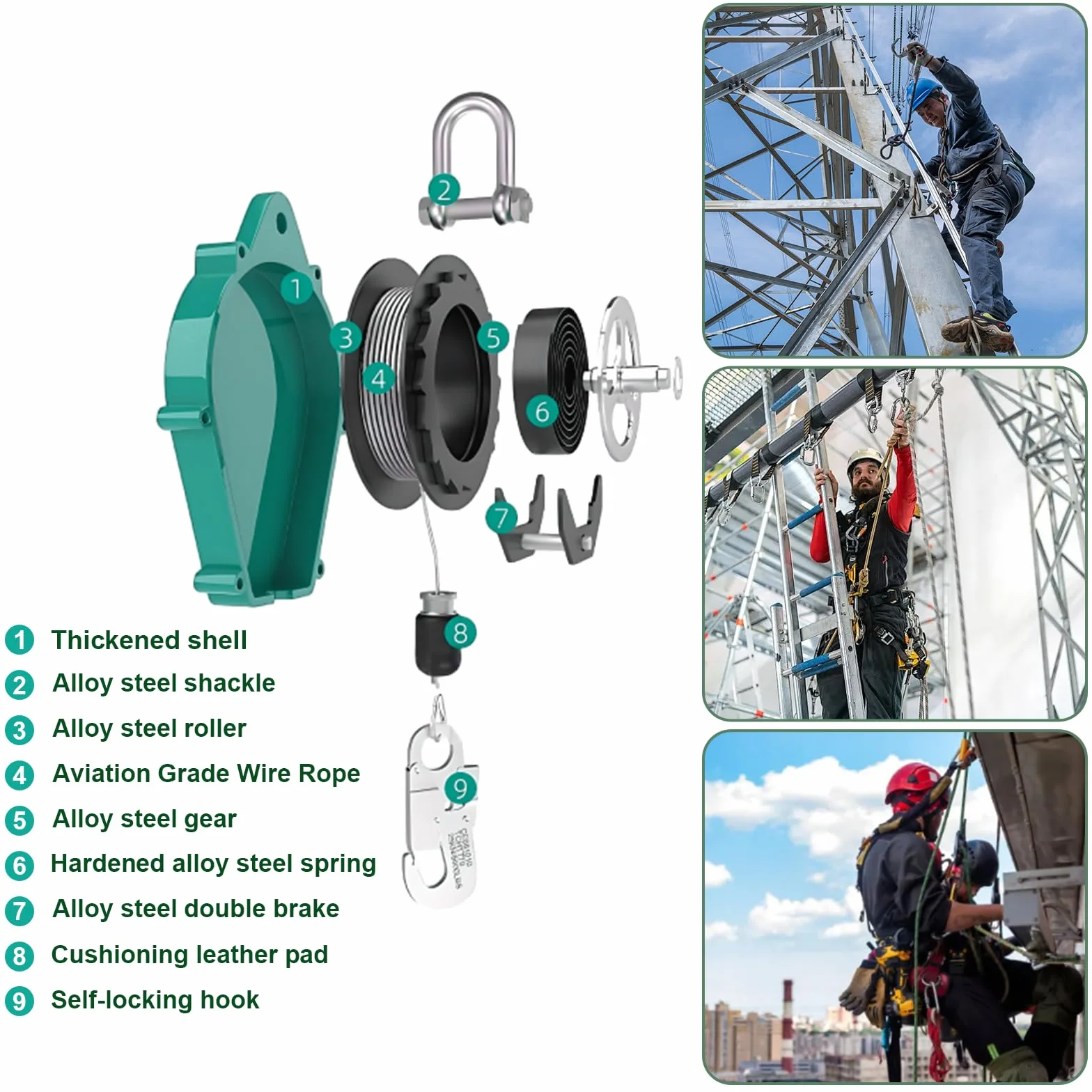 Arnés de Seguridad Anticaídas Retráctil 150 KG 10 m Homologado Verde