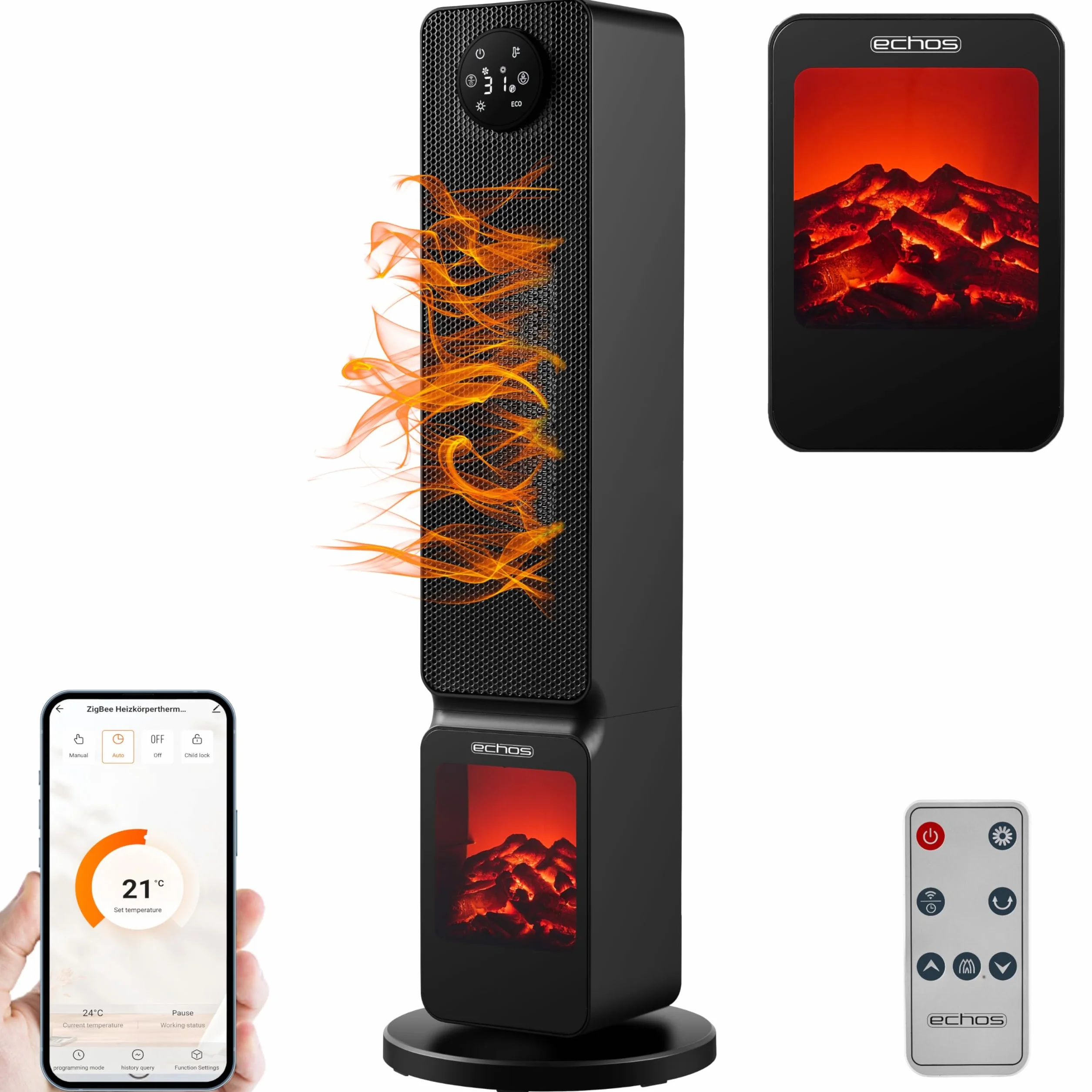 Calefactor con ilusión de chimenea 2000 W, 2 niveles, oscilante, controlable mediante smartphone Tuya, silencioso