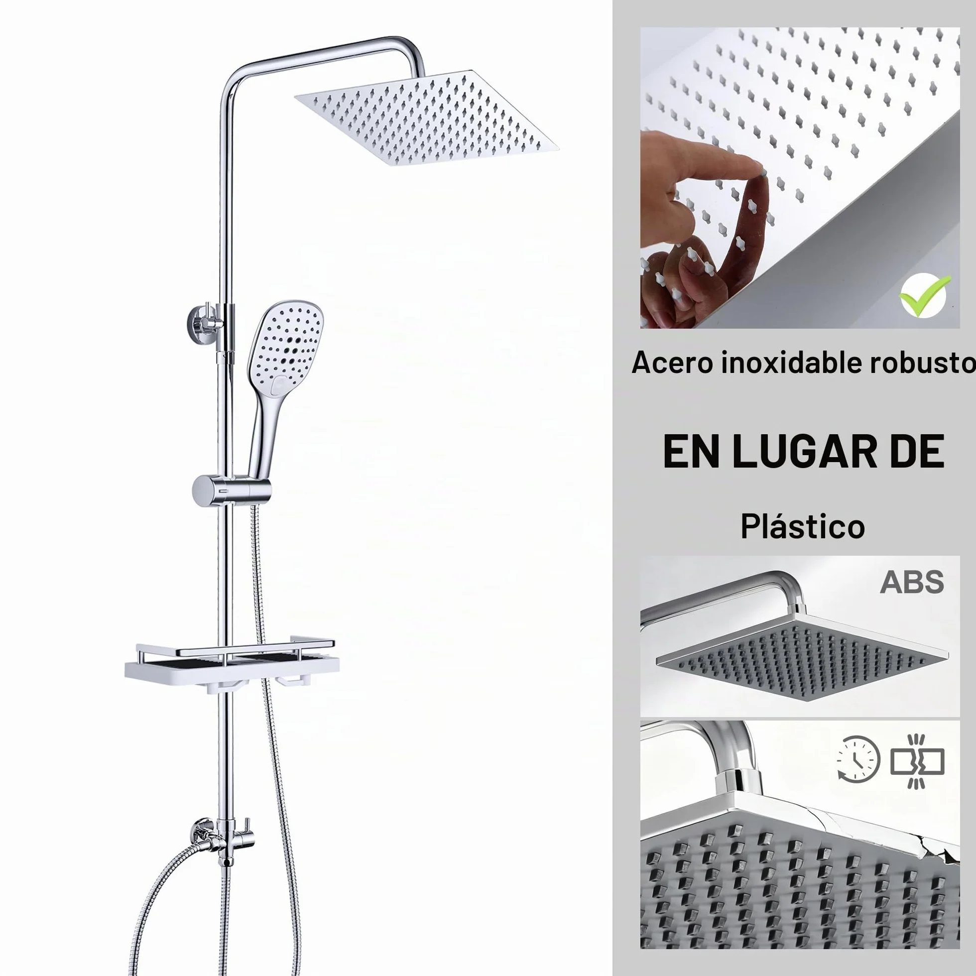 JOHO Columna de Ducha Acero INOX sin Grifo Termostático, Conjunto Ducha con Barra Altura Ajustable, Cabezal Lluvia 20x20 cm, Cromo