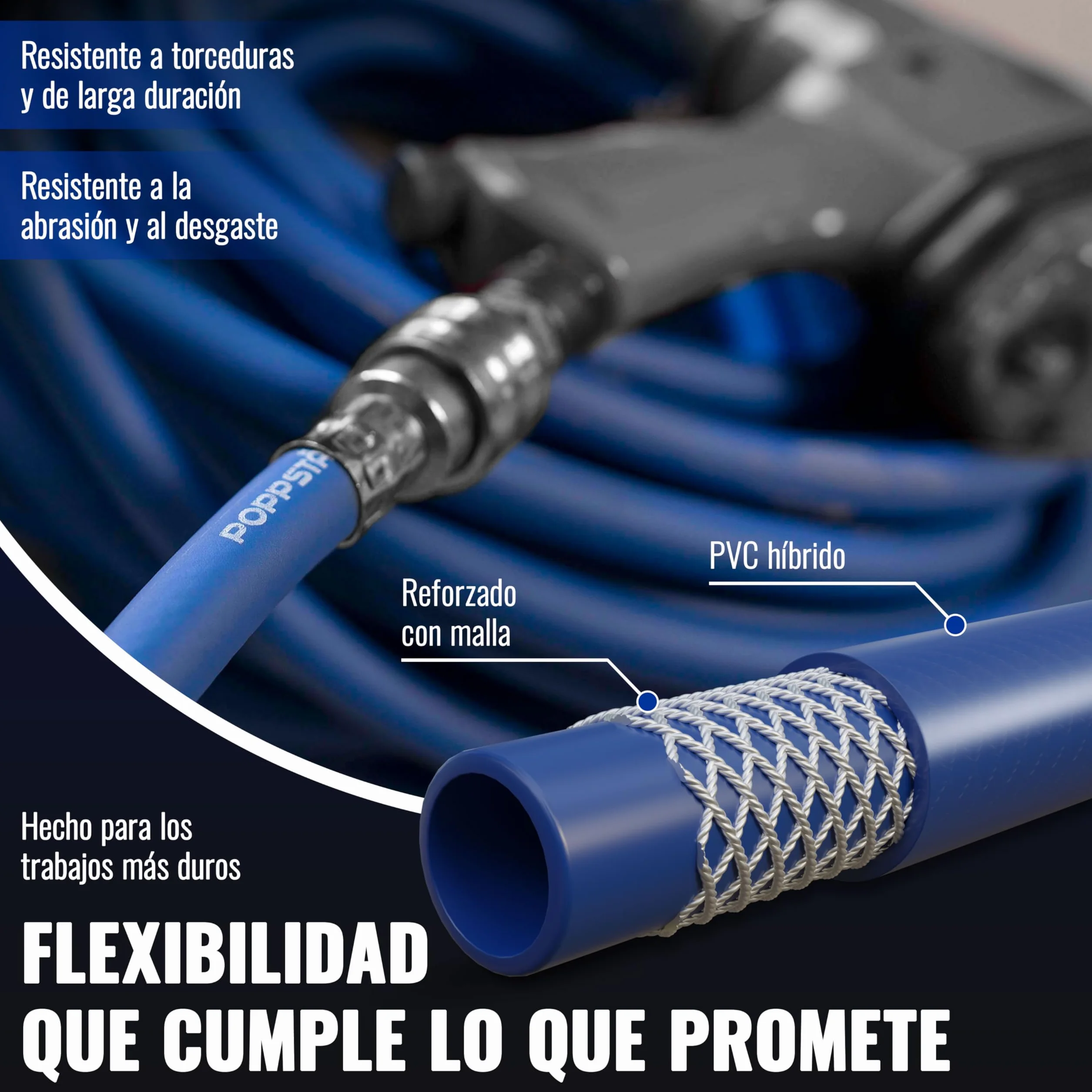 Poppstar Manguera Compresor Aire 5m (PVC híbrido con tejido, diámetro interior 9,2mm con acoplamiento rápido y conector de manguera), hasta 20 bar, azul