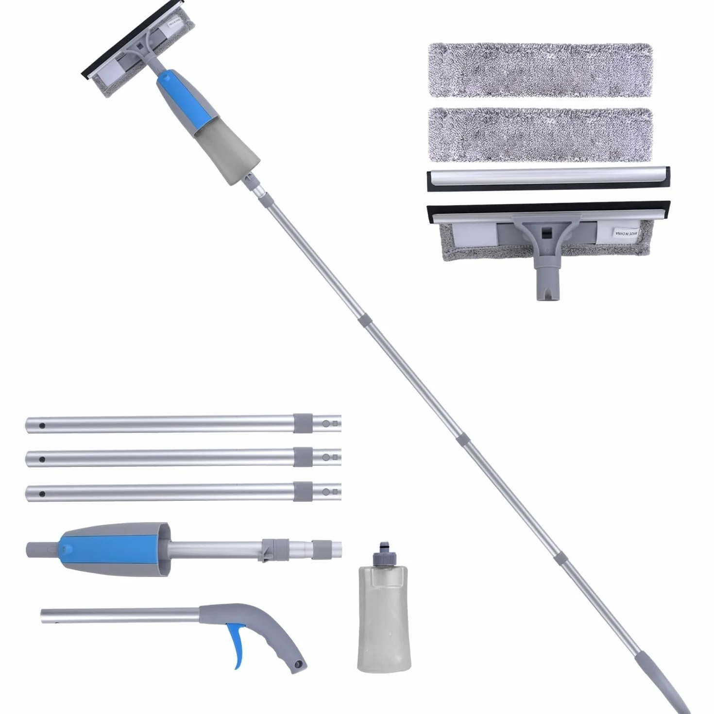Herramienta Limpiacristales con Rociador, Kit de Limpieza 3 en 1 con Poste de Extensión, Rasqueta de Cristal Profesional de 190cm con 3 Paños de Microfibra para Automóviles y Ventanas Exteriores Altas