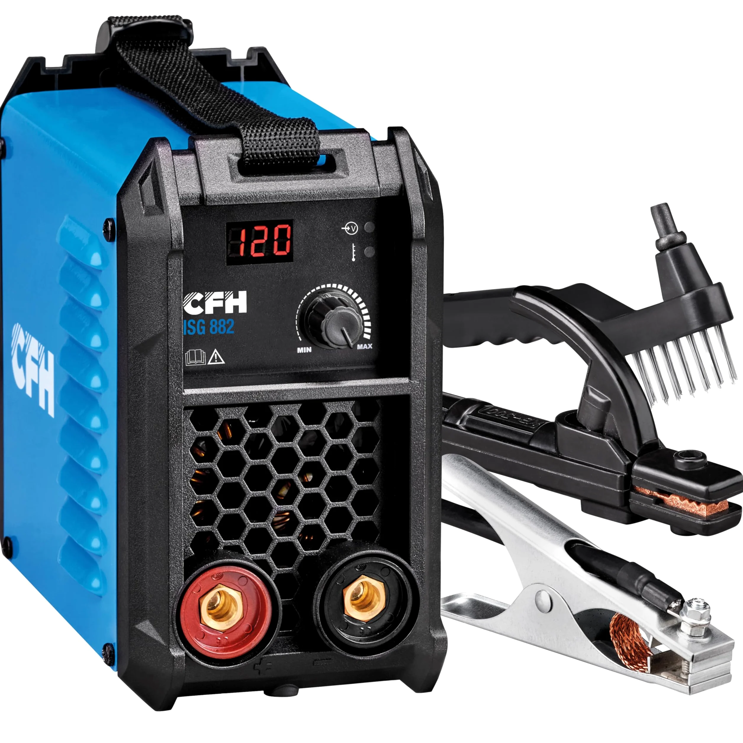 CFH Soldadora inverter 120 A ISG 882 - Soldadora MMA con arranque en caliente, anti stick, Arc Force y protección contra sobrecalentamiento, 15 – 120 A, para electrodos de varilla Ø 1,5 – 3,2 mm