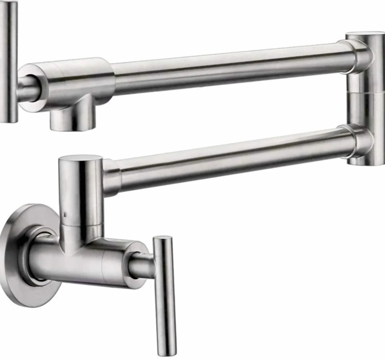Grifo de llenado de pote KPF-13012BN, 2 manijas válvula montada en la pared de acero inoxidable, brazo plegable estirable, níquel cepillado
