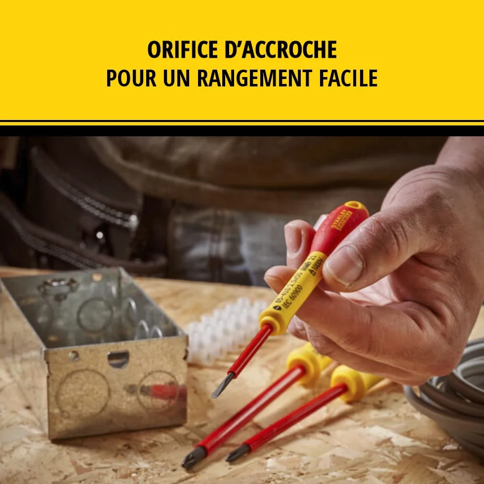 STANLEY FATMAX Juego de 6 Destornilladores Aislados, 3 Planos, 2 Phillips, 1 Test de Voltaje, Mango Bimateria Ergonómico, Aislamiento 1.000V a.c, Código de Color para Identificación, 0-65-441