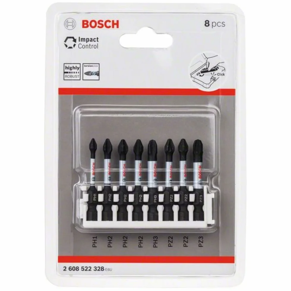 Bosch Professional 8 uds. Punta de Atornillar (Impact Control, PZ/PH Bits, Longitud 50mm, Universalhalter, Pick and Click, Accesorio Atornilladores de Impacto)
