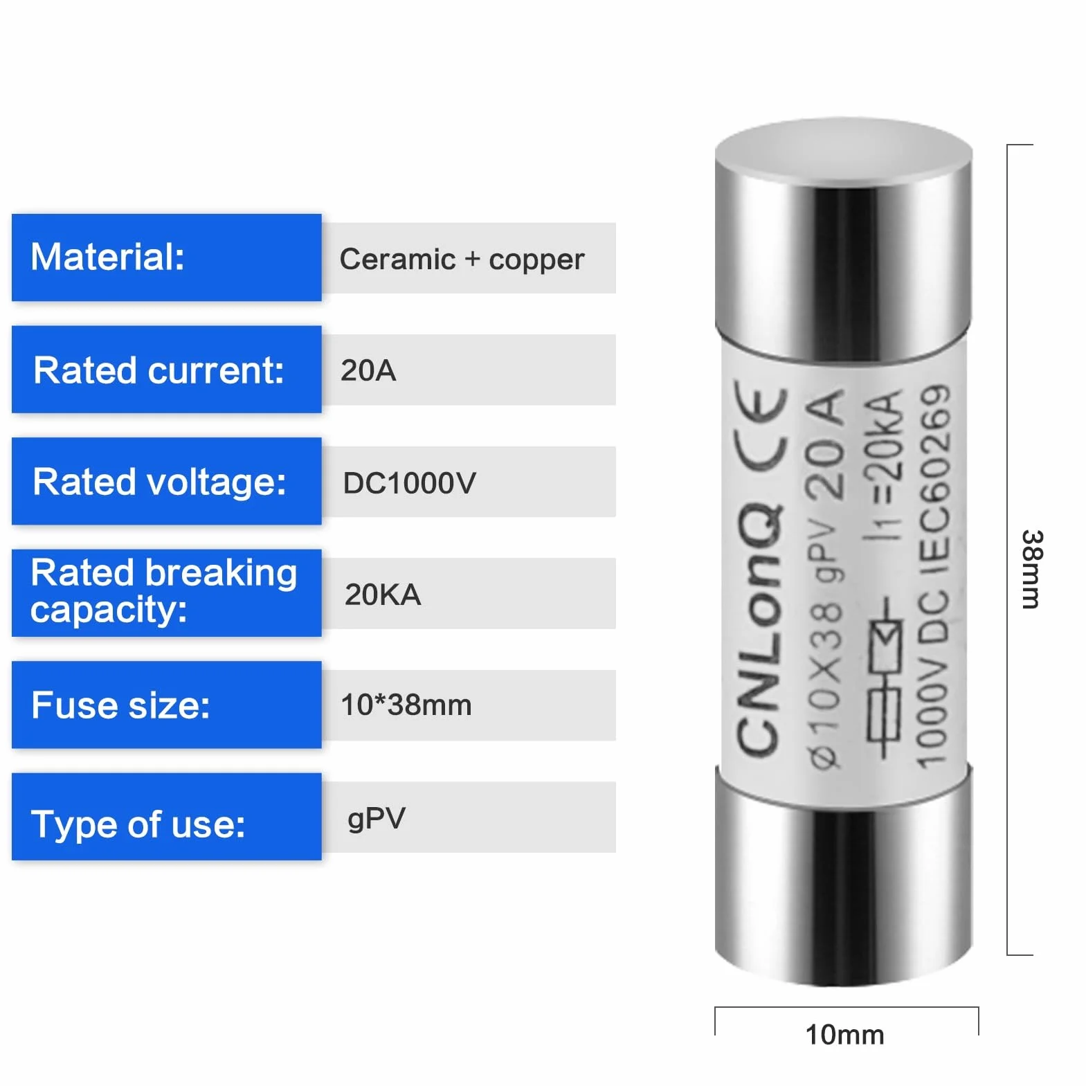 DEWIN Fusibles fotovoltaicos 10X38 mm DC1000V 20A Tipo gPV Solar