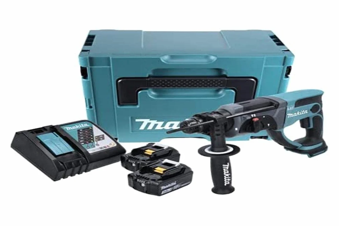 Makita DHR 202 RFJ - Martillo perforador combinado inalámbrico (18 V, 2,0 J, SDS Plus, 2 baterías 3 Ah + cargador en Makpac