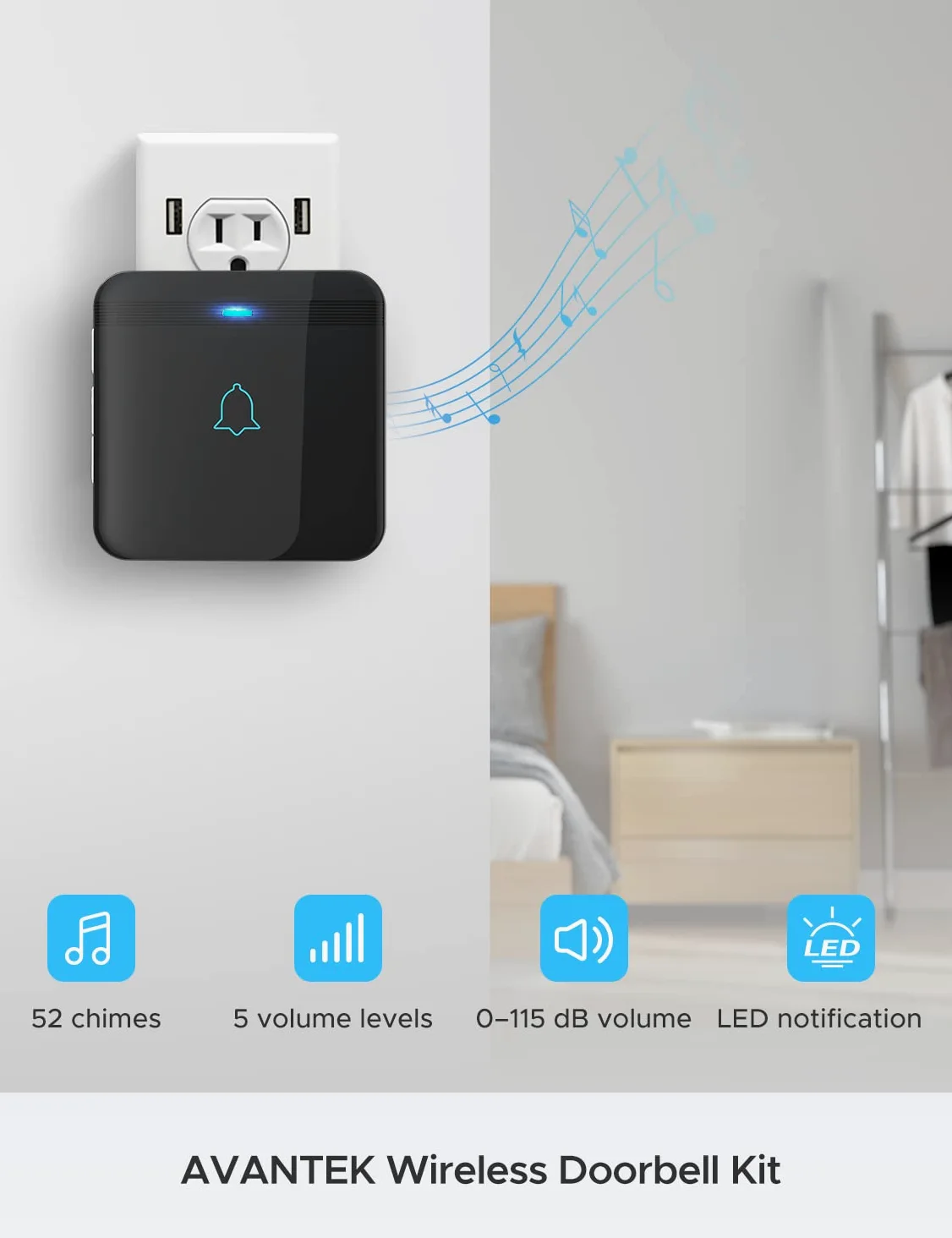 AVANTEK Timbre inalámbrico, D-3G, kit de timbre impermeable que funciona a más de 1300 pies con 52 melodías, 5 niveles de volumen y flash LED
