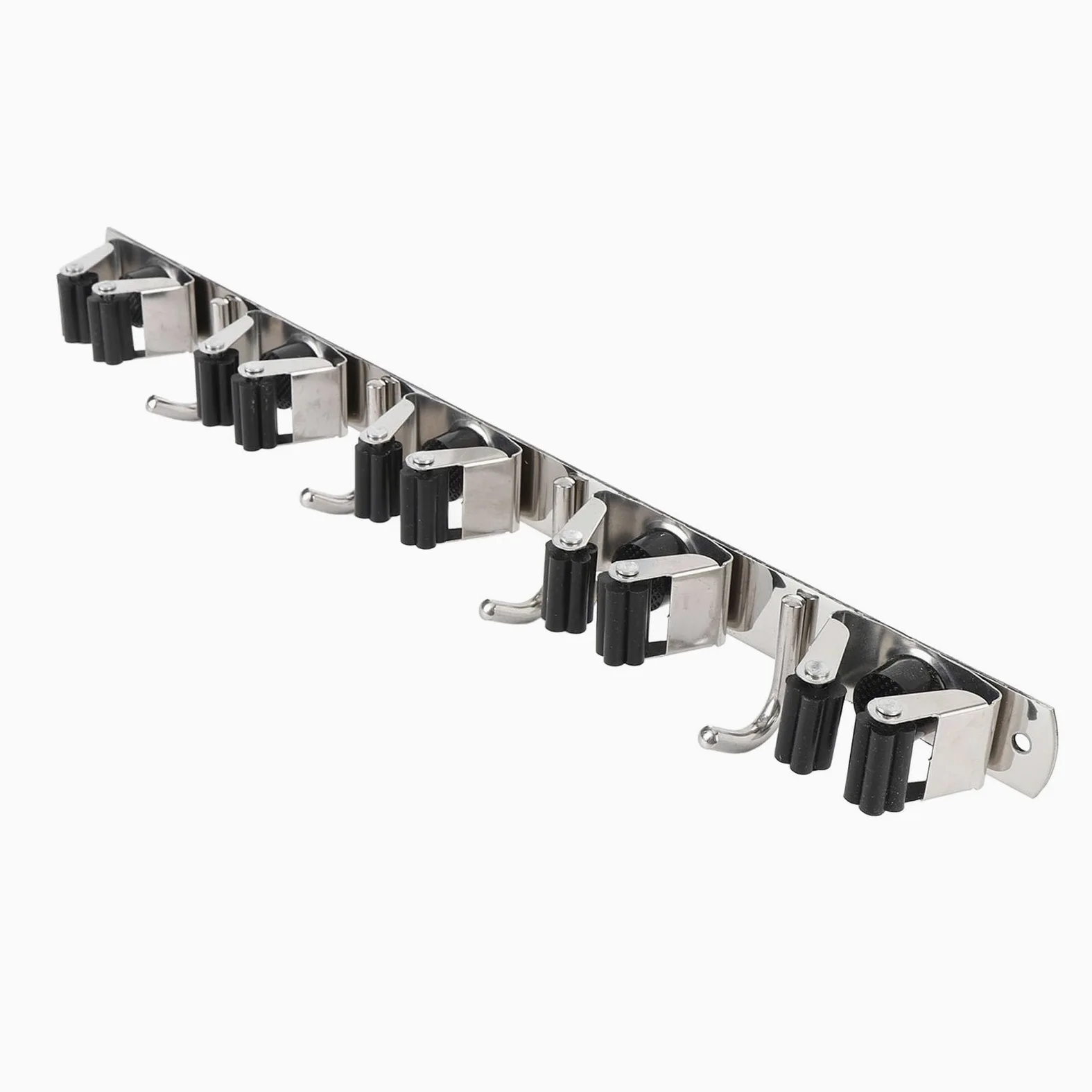 Soporte para Escoba y Fregona, Montaje en Pared, Organizador de Acero Inoxidable Resistente, 5 Ranuras, 4 Ganchos, Garaje, Lavandería, Armario, Almacenamiento, Ahorro de Espacio,