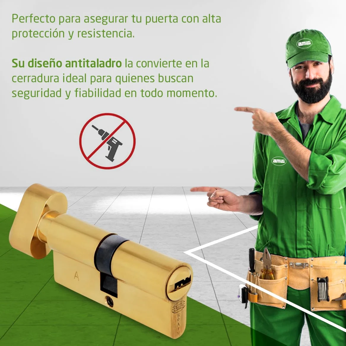 Amig - Cilindro de seguridad con muletilla - Cerradura para puertas - Bombín de Alta Seguridad - Antiganzúa y Antitaladro - Incluye 5 llaves - Pulido - Medidas: 60 (30-30 mm)