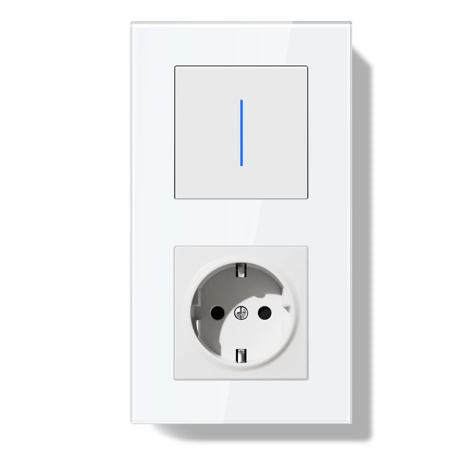 Enchufe con Interruptor,Interruptor Pared Conmutador Empotrado con Marco de Cristal con LED Indicador,1 Gang 2 Vías,Fácil Instalación Diseño de Gancho de Garra 157 * 86mm Blanco