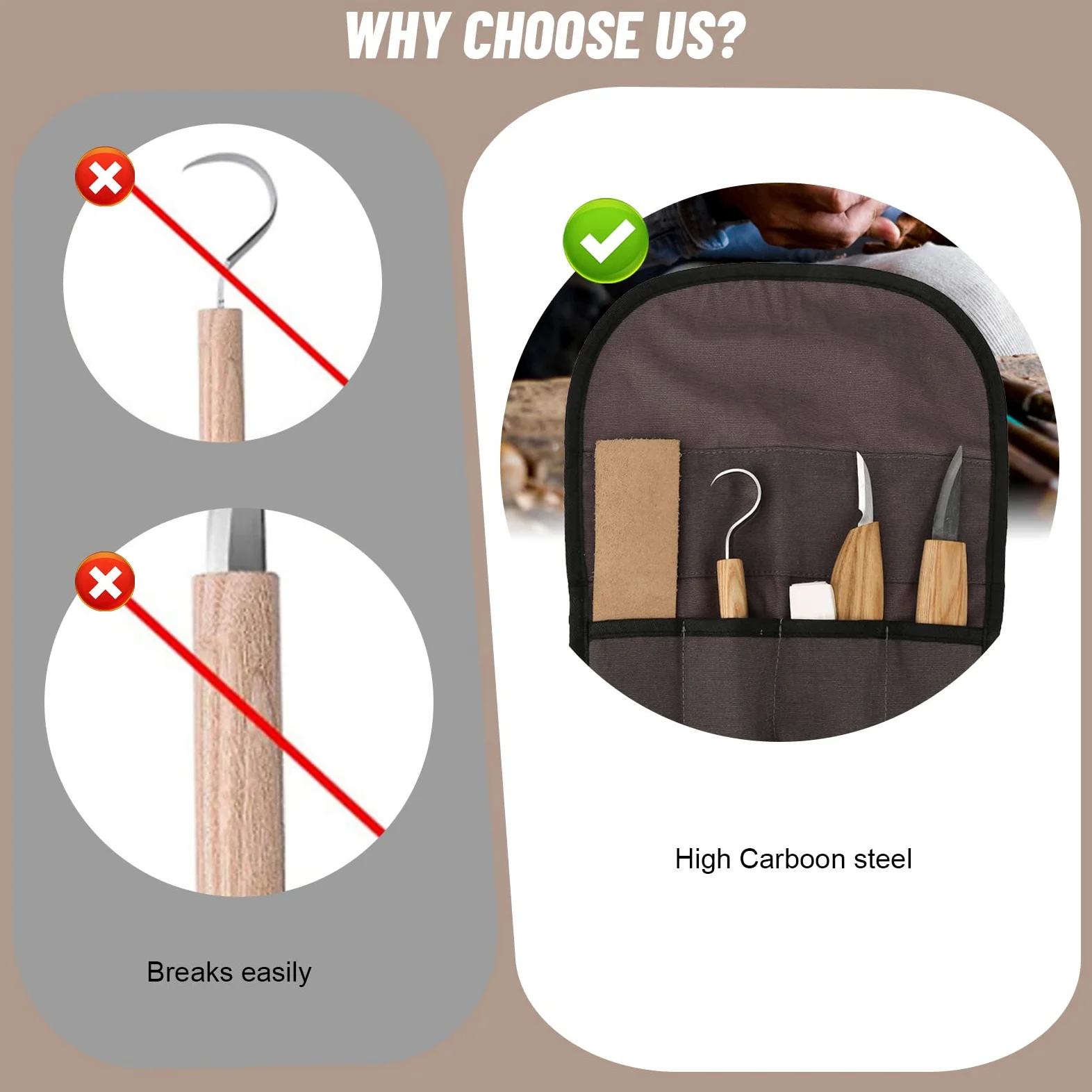 Herramientas de Talla, 5 Piezas Kit para Tallar Madera, Conjunto Con Cuchillo de Cuchara, Gubias para Principiantes y Profesionales