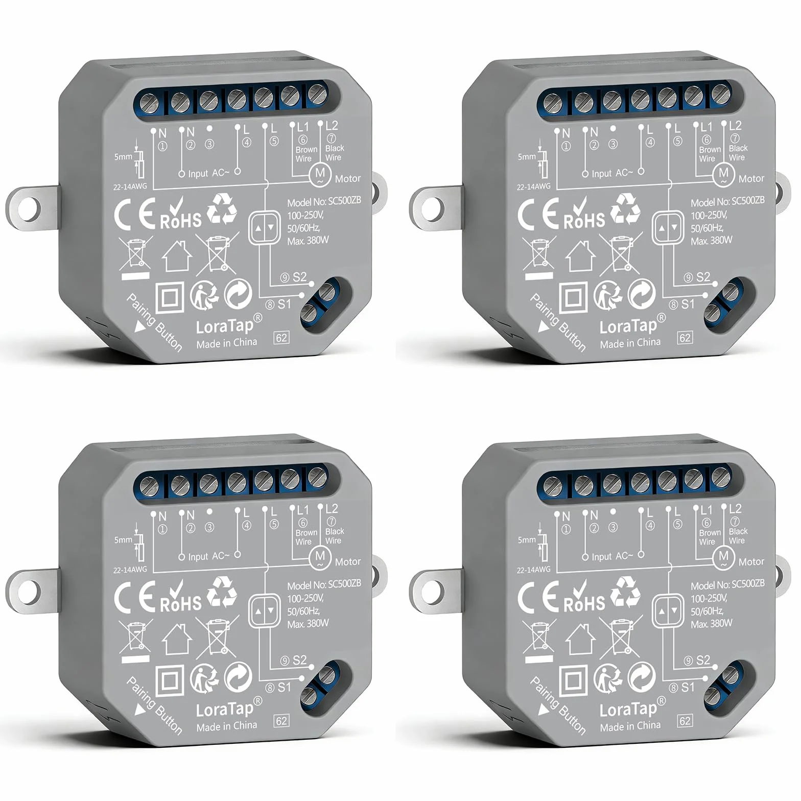 LoraTap Interruptor ZigBee de 4 unidades para persianas - Control de hogar inteligente para persianas y cortinas de 380W, compatible con Alexa, requiere hub