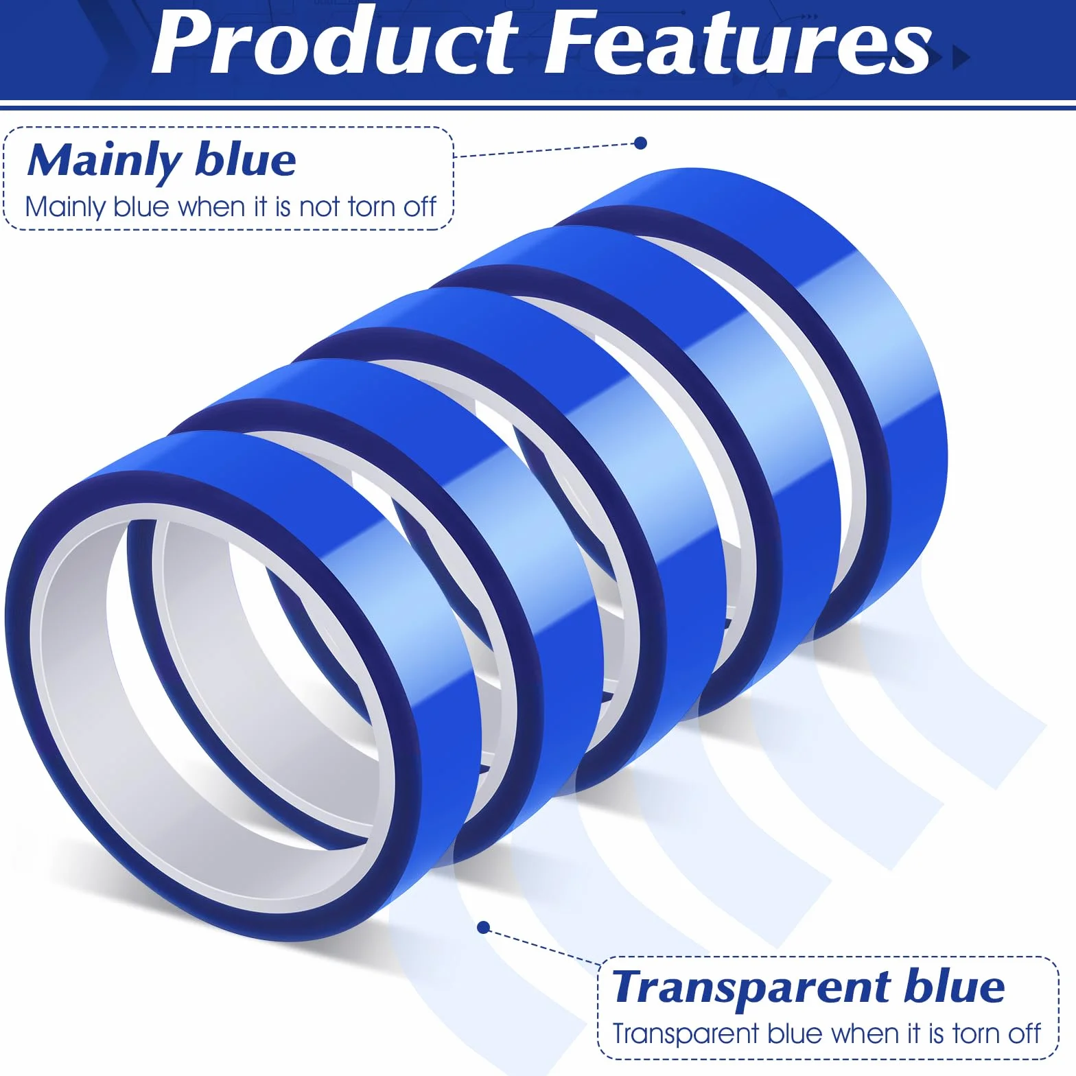 5 rollos de cinta adhesiva resistente al calor, 20 mm x 30 m, cinta térmica azul para sublimación, sin residuos, cinta de protección térmica para electrónica, placas de circuitos impresos