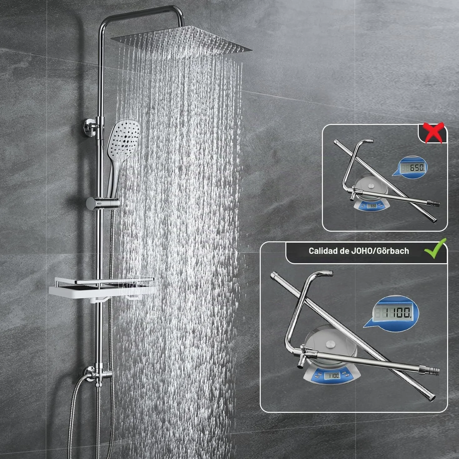 JOHO Columna de Ducha Acero INOX sin Grifo Termostático, Conjunto Ducha con Barra Altura Ajustable, Cabezal Lluvia 20x20 cm, Cromo