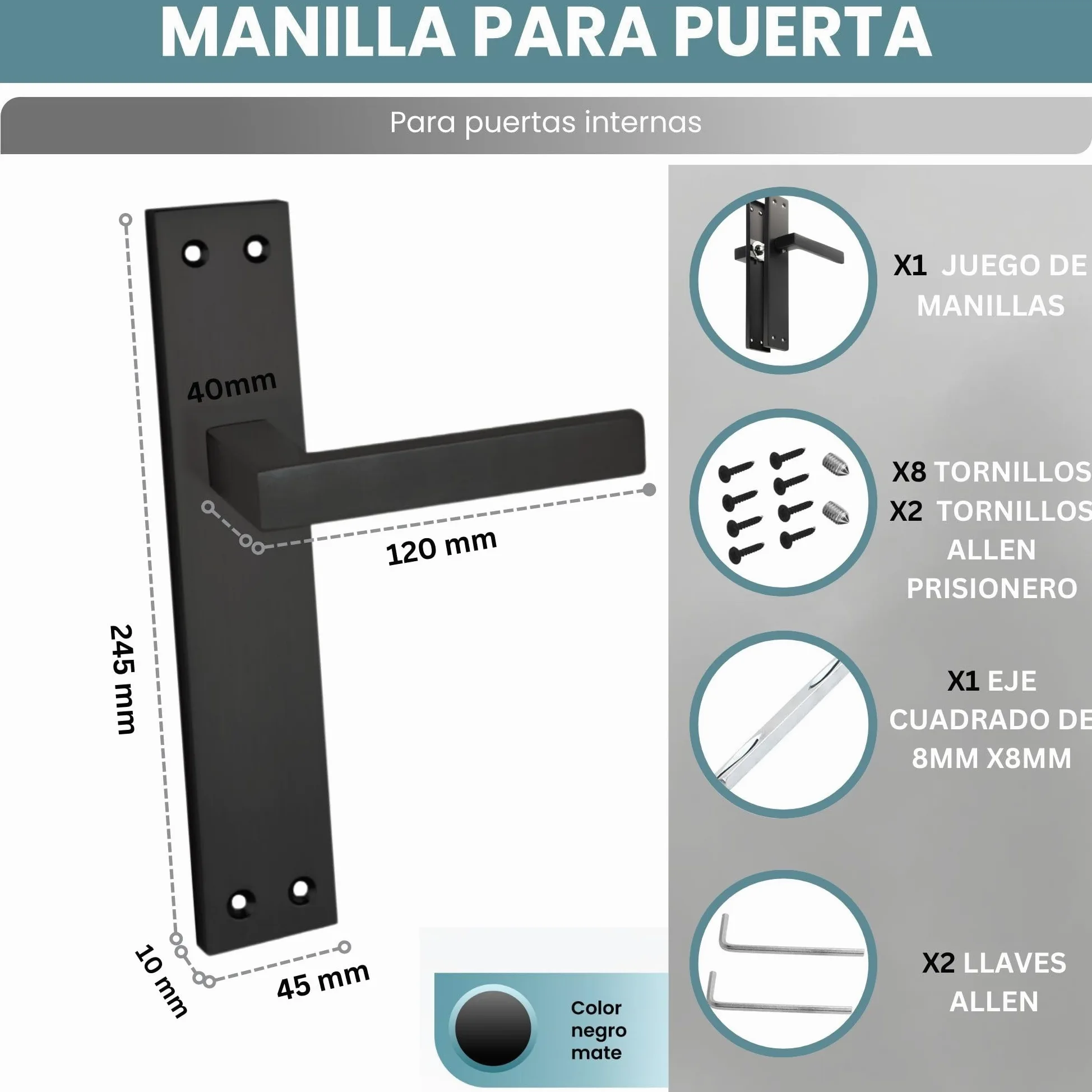 AZERODESIGN-Manetas Puertas Interior Casa-Manillas Puertas Interior Placa Cuadrada-4,5x24,5 cm-Largo Manija de 12 cm-Color Negro Mate-Manivelas Puertas Interior-Material Aluminio