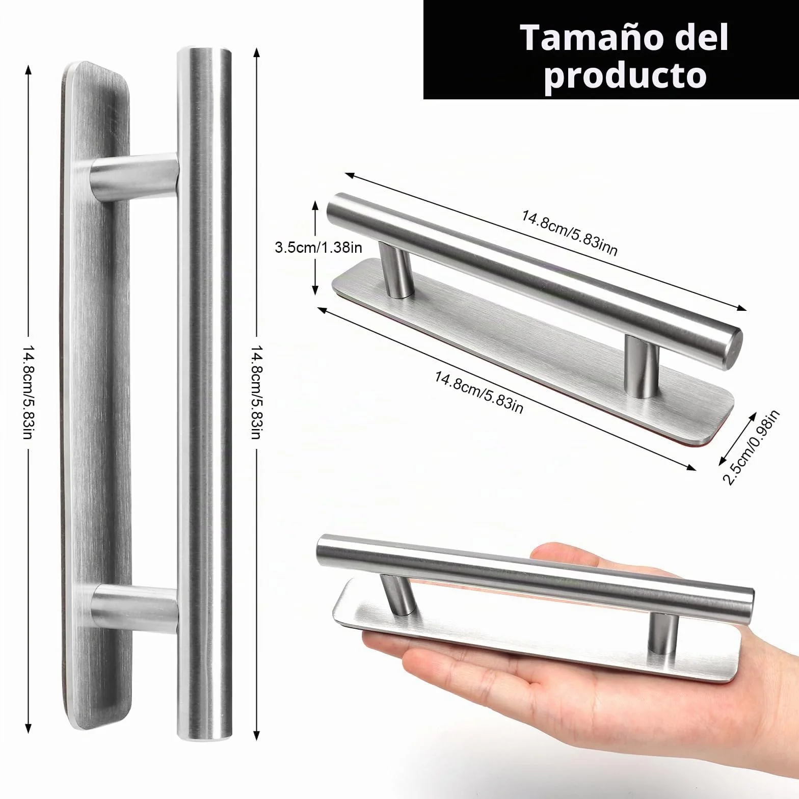 Tiradores Armarios 2 Piezas, Tiradores Cajones de Acero Inoxidable, Tiradore Cocina 148mm, Manija Autoadhesiva para Muebles Puerta y Ventana Baños, Plateados