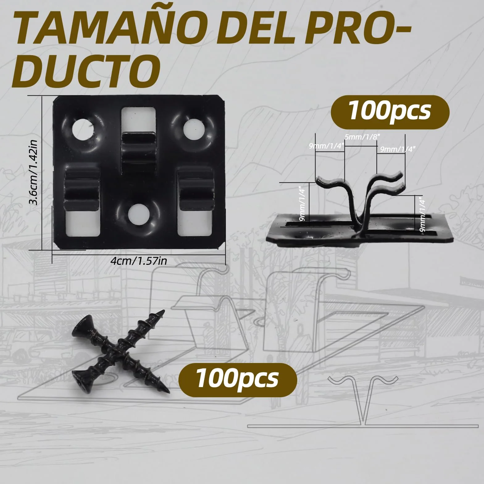 Clips de suelo WPC, fijaciones ocultas de acero inoxidable, adecuados para baldosas de suelo WPC y BPC, fijaciones de suelo de fácil montaje (100 clips, 100 tornillos, negro) (ranura de 5 mm de ancho